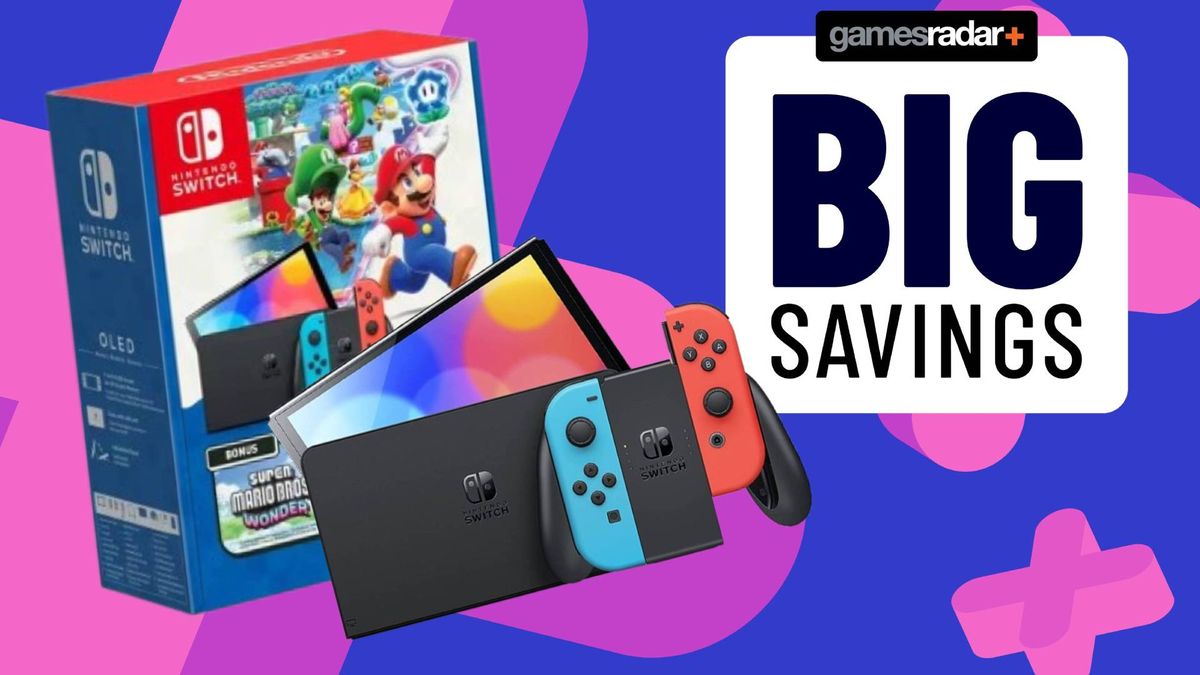 Official image of the box art for the Nintendo Switch OLED Super Mario Bros Wonder bundle, with the OLED Switch sitting in front of it with a blue GamesRadar background.