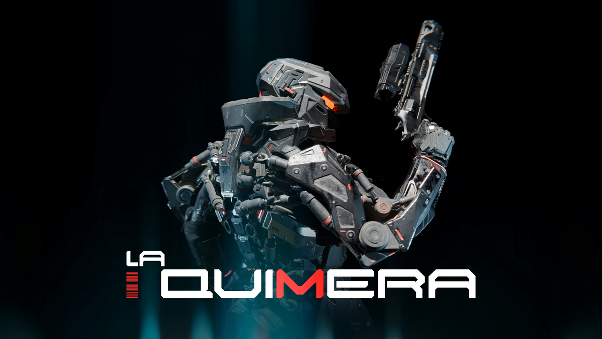 Key art for La Quimera, showing an exosuitted soldier posing in front of the game's logo
