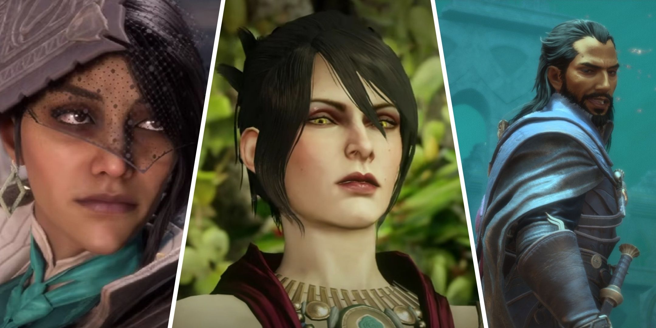 Dragon Age images showing Neve, Morrigan and Lucanis.