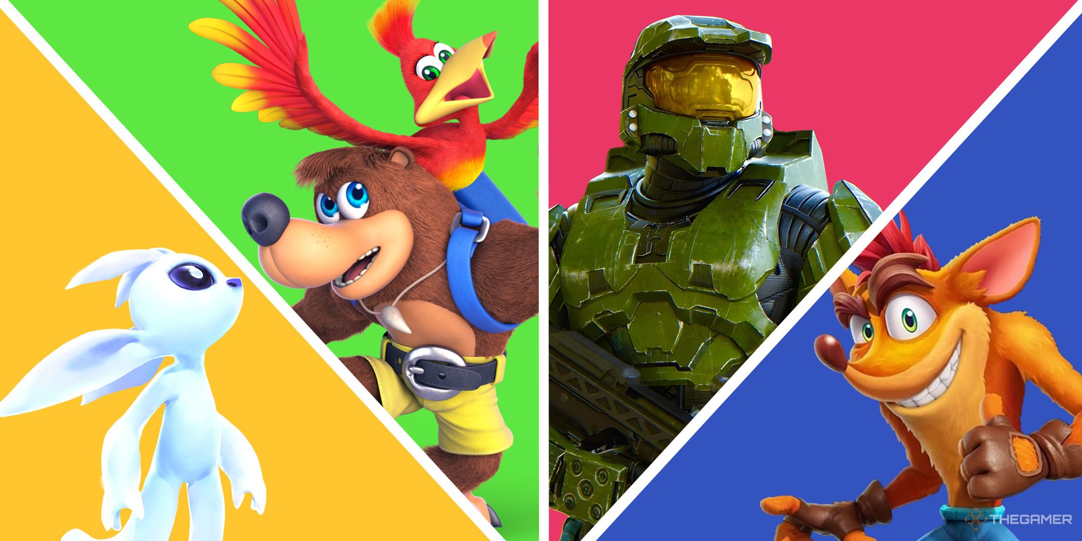 A split image of Microsoft IPs. From left to right: Ori, Banjo-Kazooie, Master Chief, and Crash Bandicoot.