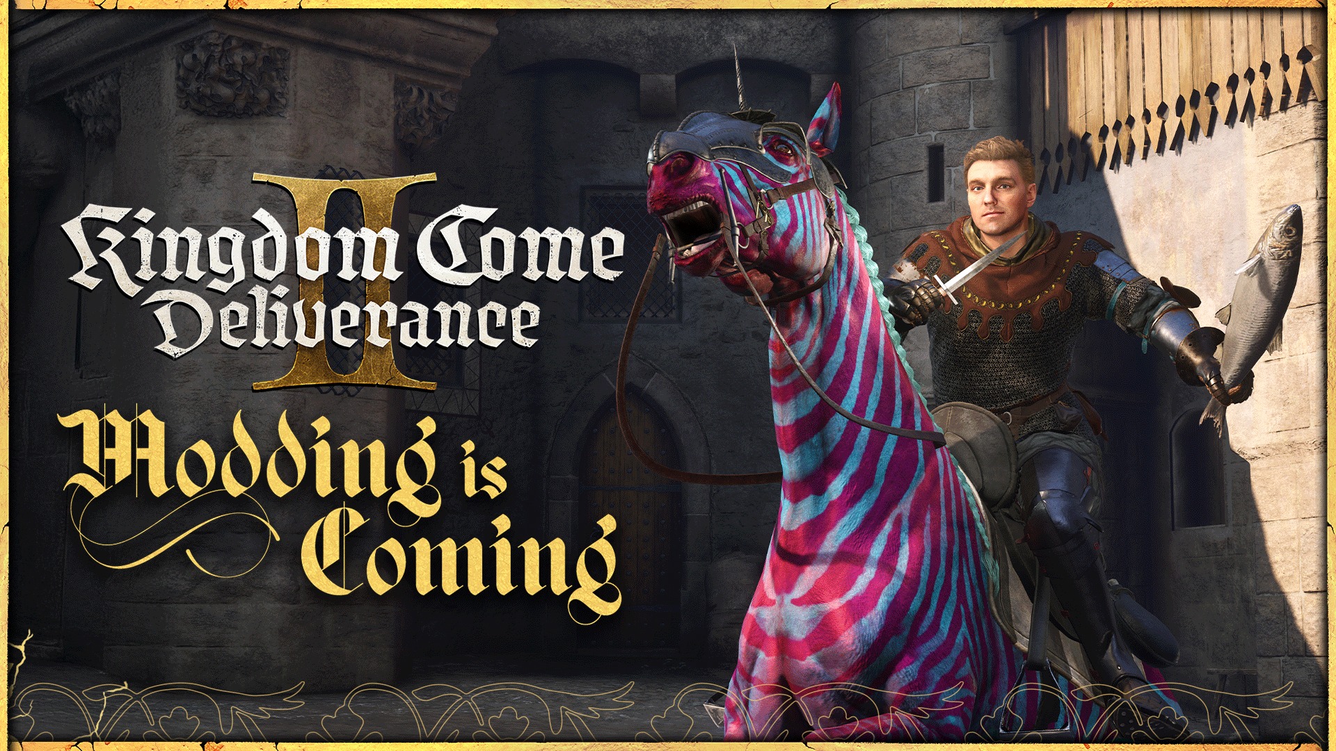 Kingdom Come Deliverance 2 mod support: Henry riding a horse that has pink and blue zebra stripe pattern on it