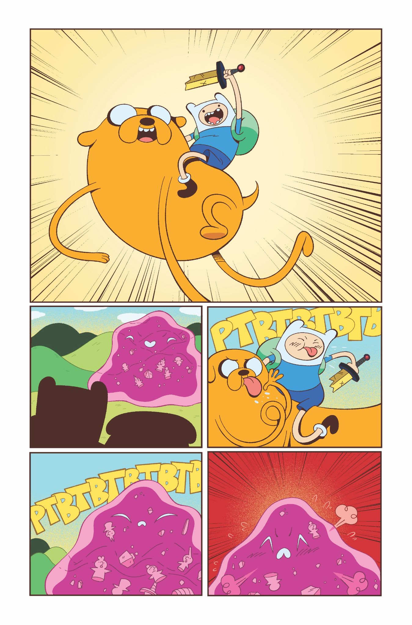 Interior pages from Adventure Time #1 show Finn and Jake getting into scrapes. 