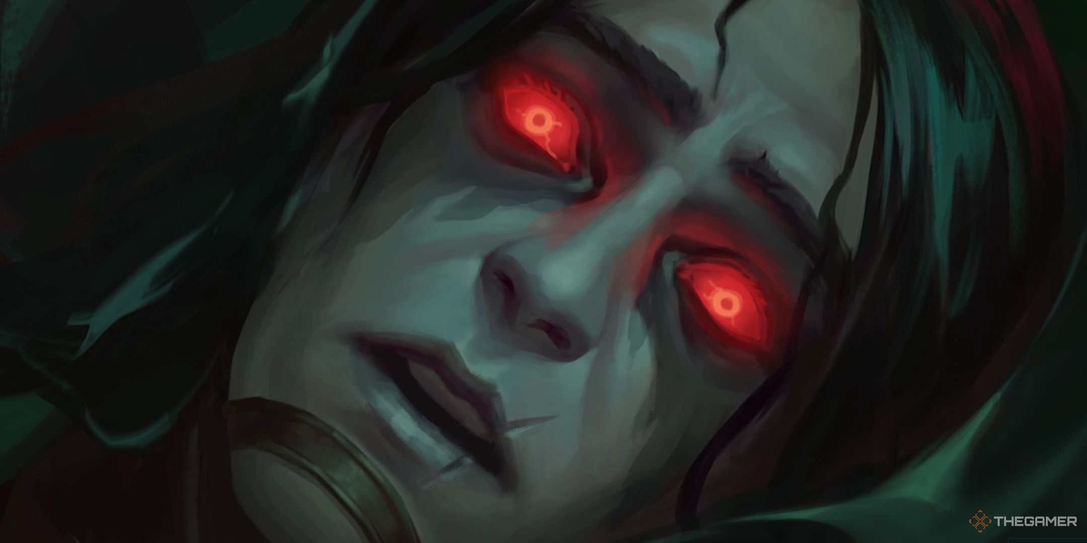 an extreme closeup of vizargo with glowing red eyes in age of darkness: final stand.