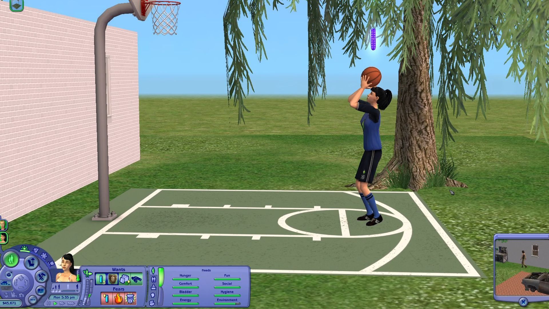 A sim playing basketball in The Sims 2.