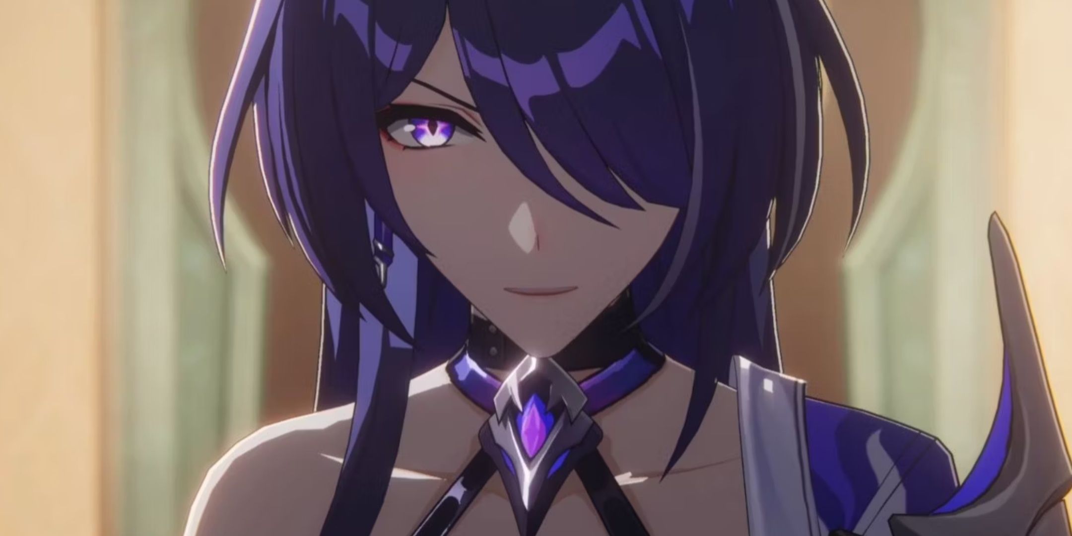 Acheron from Honkai: Star Rail, a woman with purple hair, looking angrily into the camera.