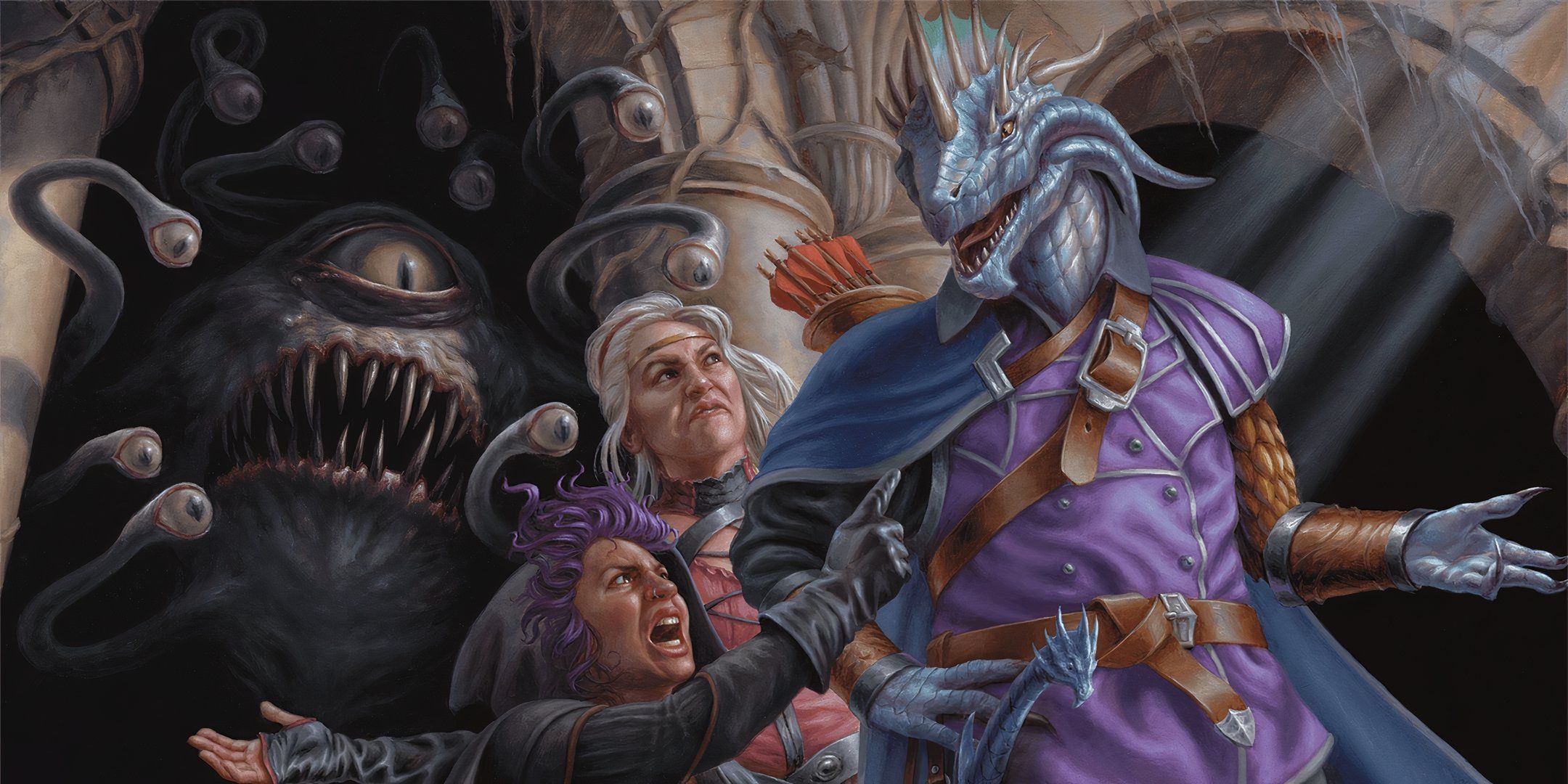 A group of characters arguing while a Beholder sneaks up behind them in Dungeons & Dragons.