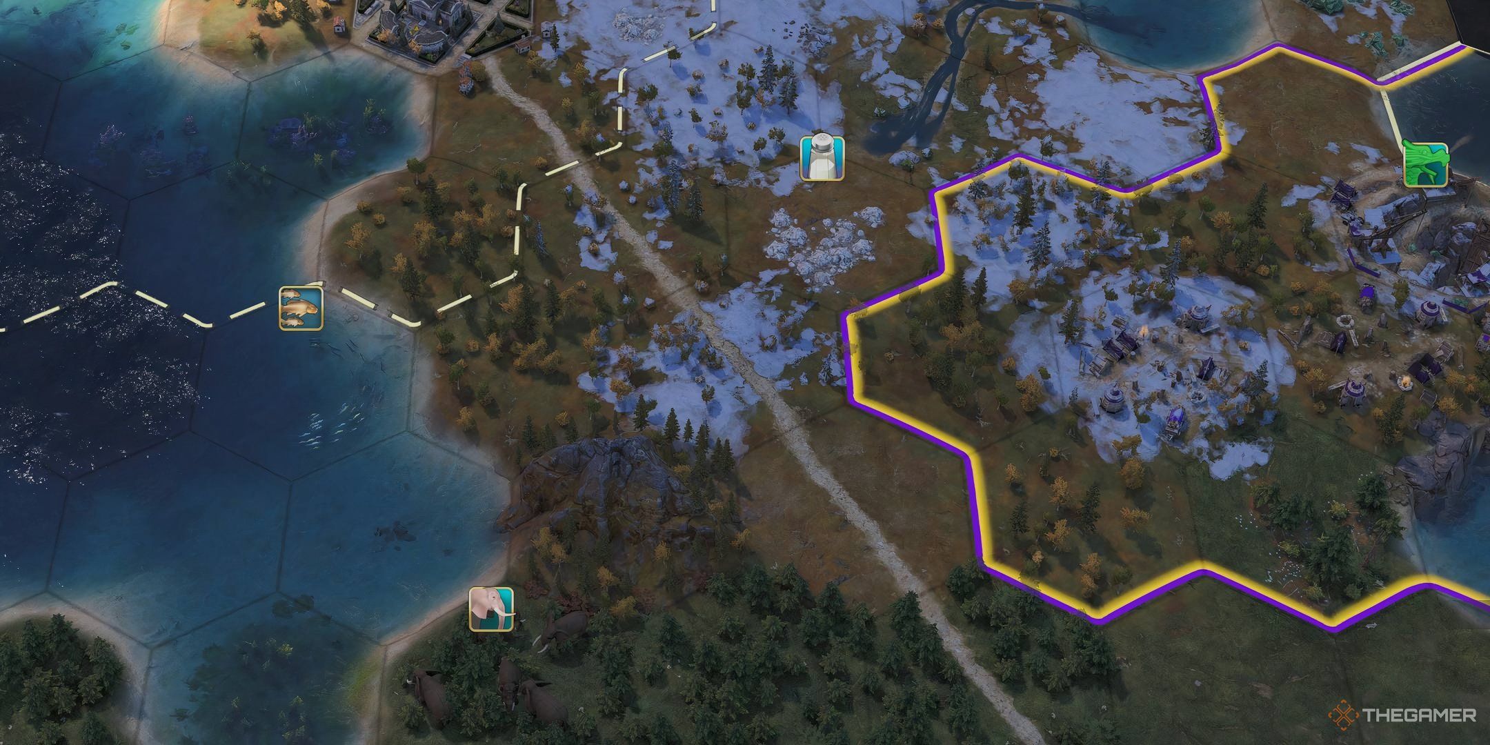 A road between two icy settlements in civilization 7