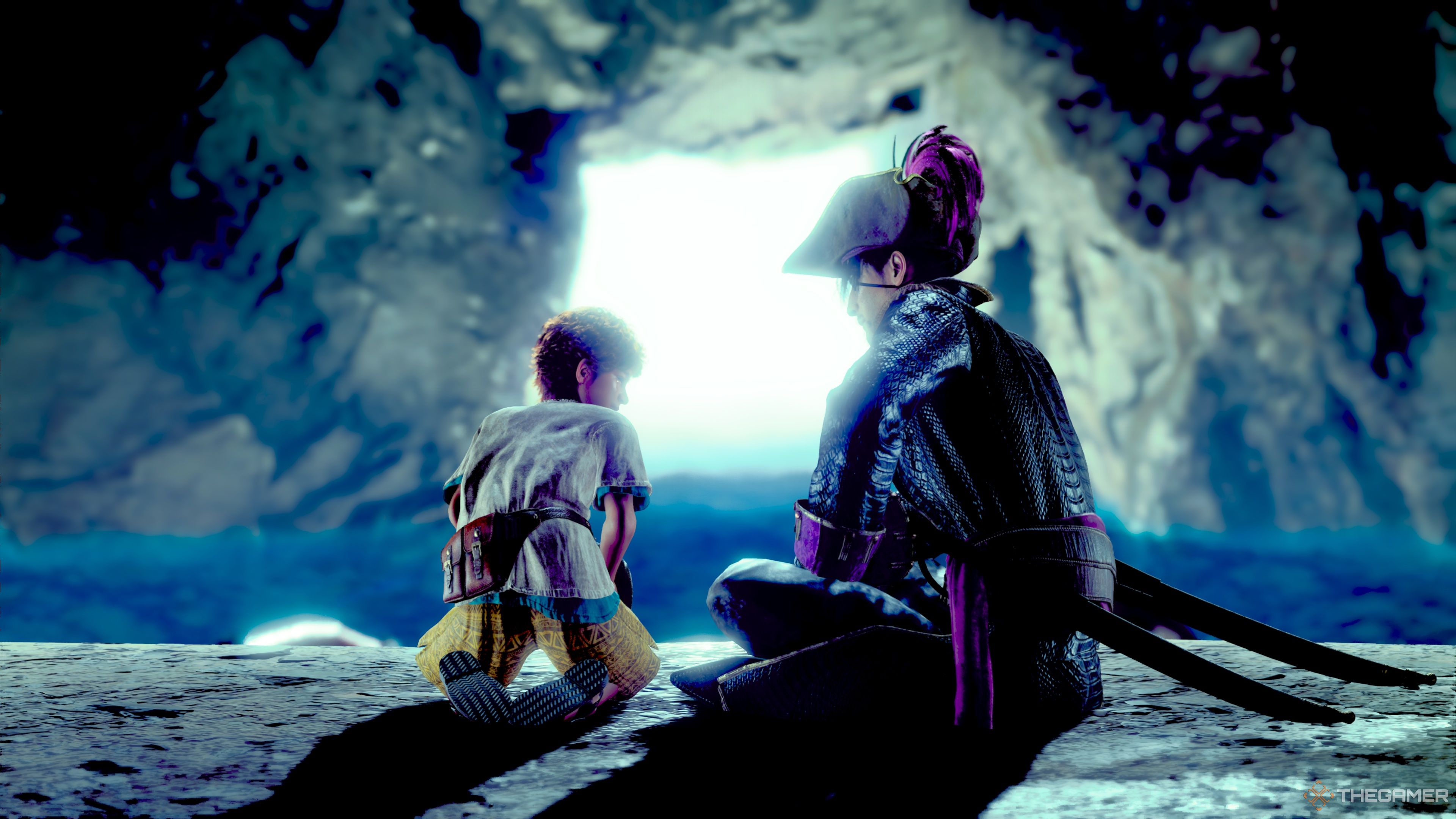 Noah sitting with Majima by the water in a cave in Like A Dragon: Pirate Yakuza In Hawaii.