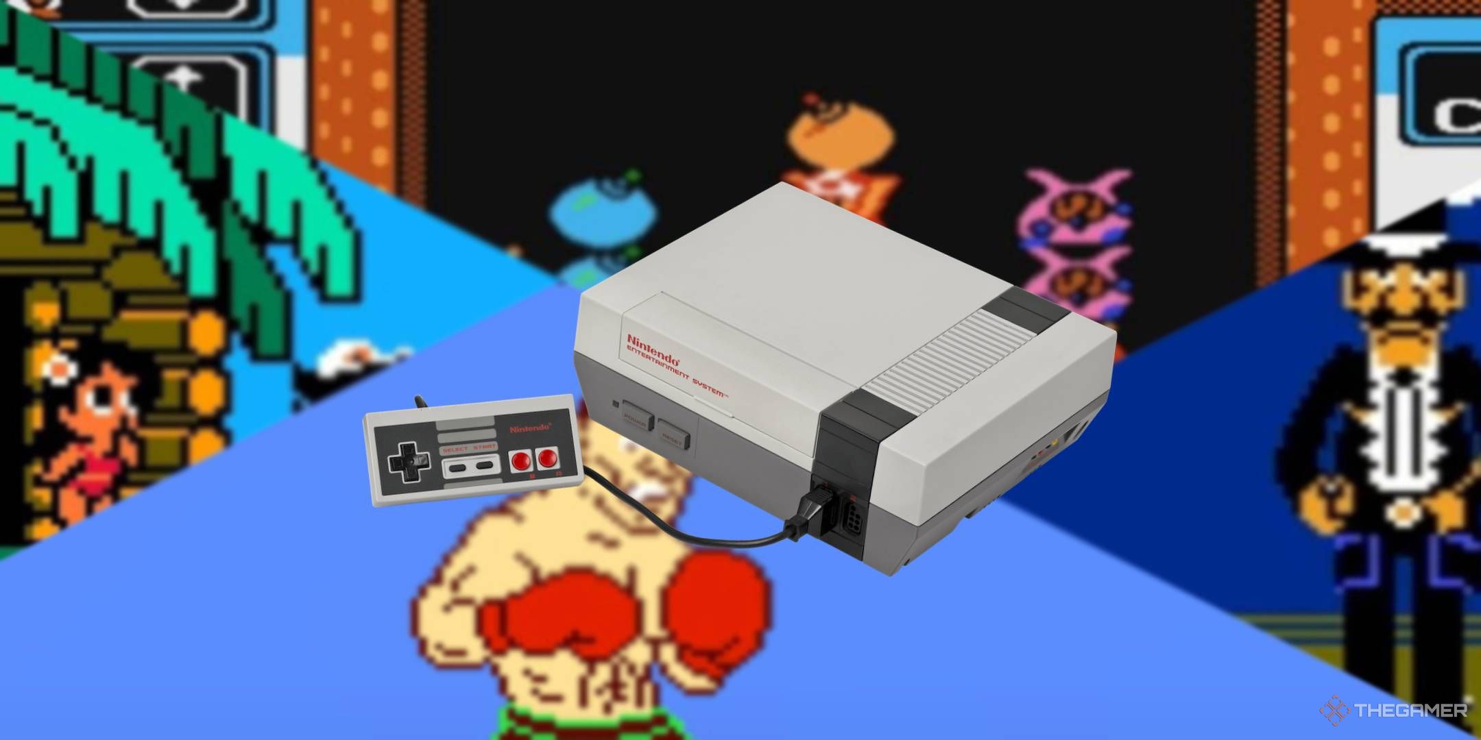 The NES overlaid on a blurred background of its games.