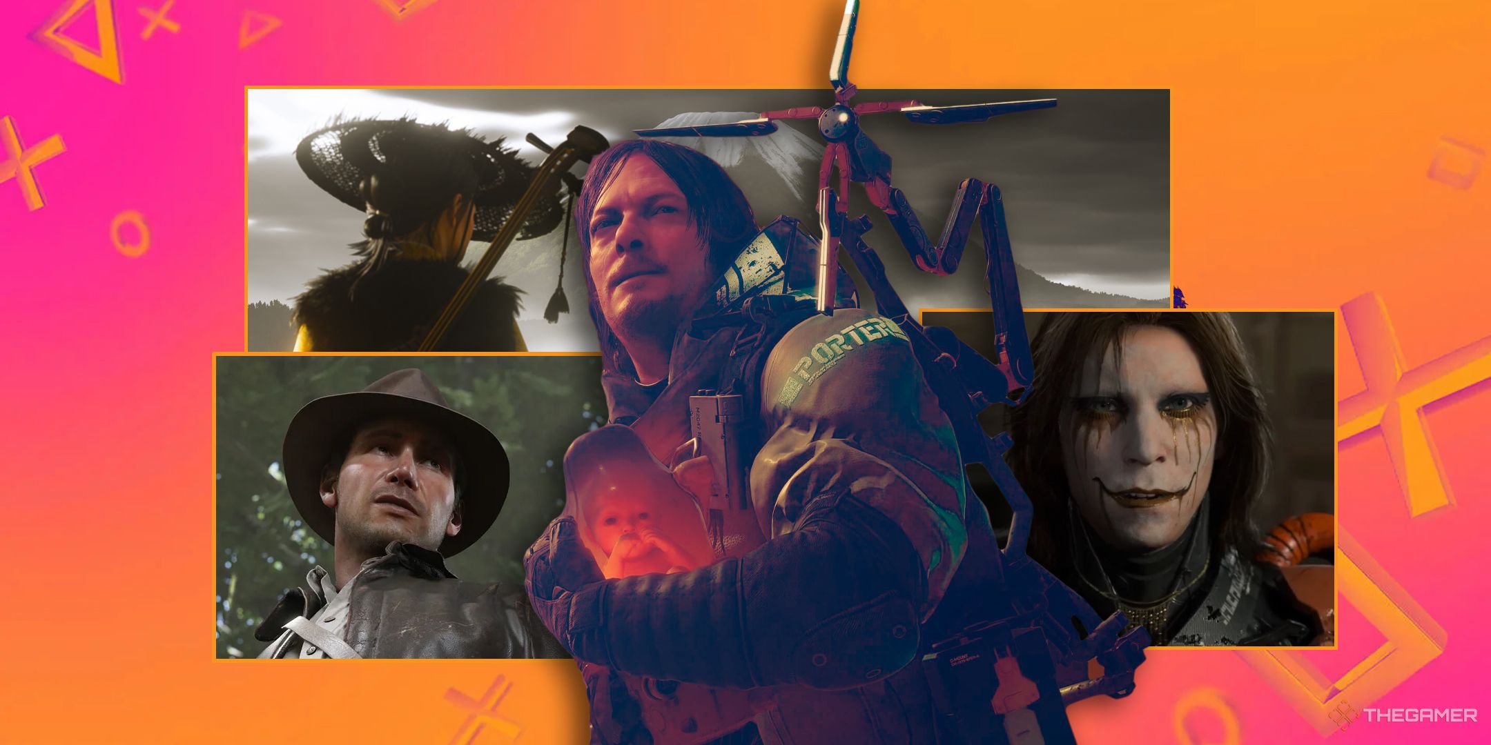 A collage of Ghost of Yotei, Indiana Jones and the Great Circle, and Death Stranding 2.