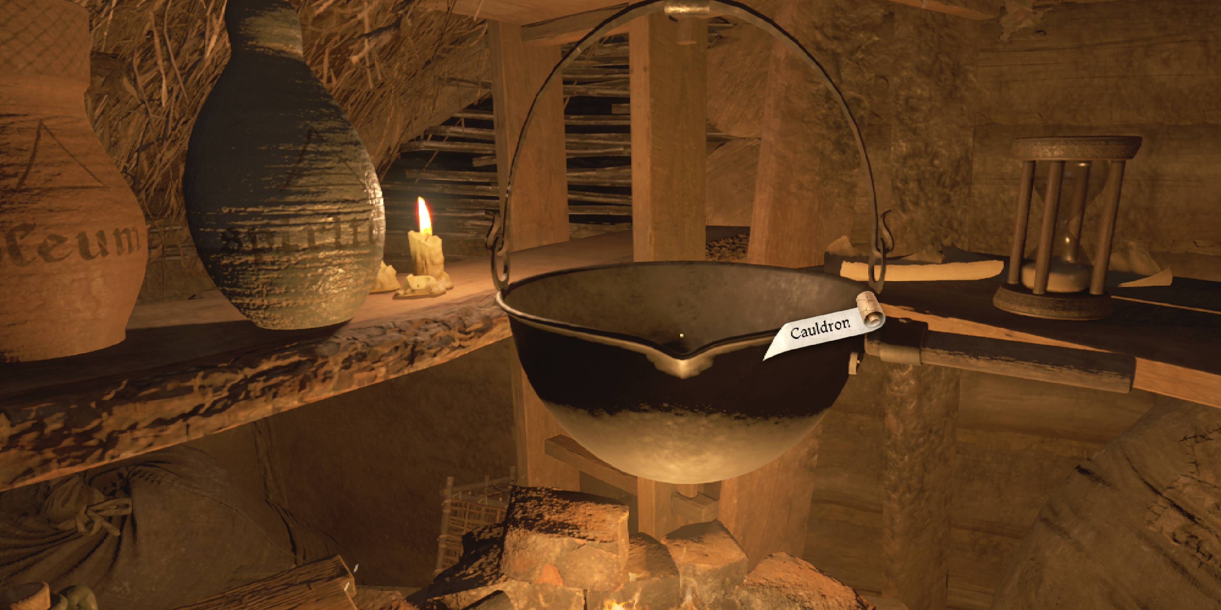 A gameplay screenshot showing a cauldron in kingdom Come: Deliverance 2.