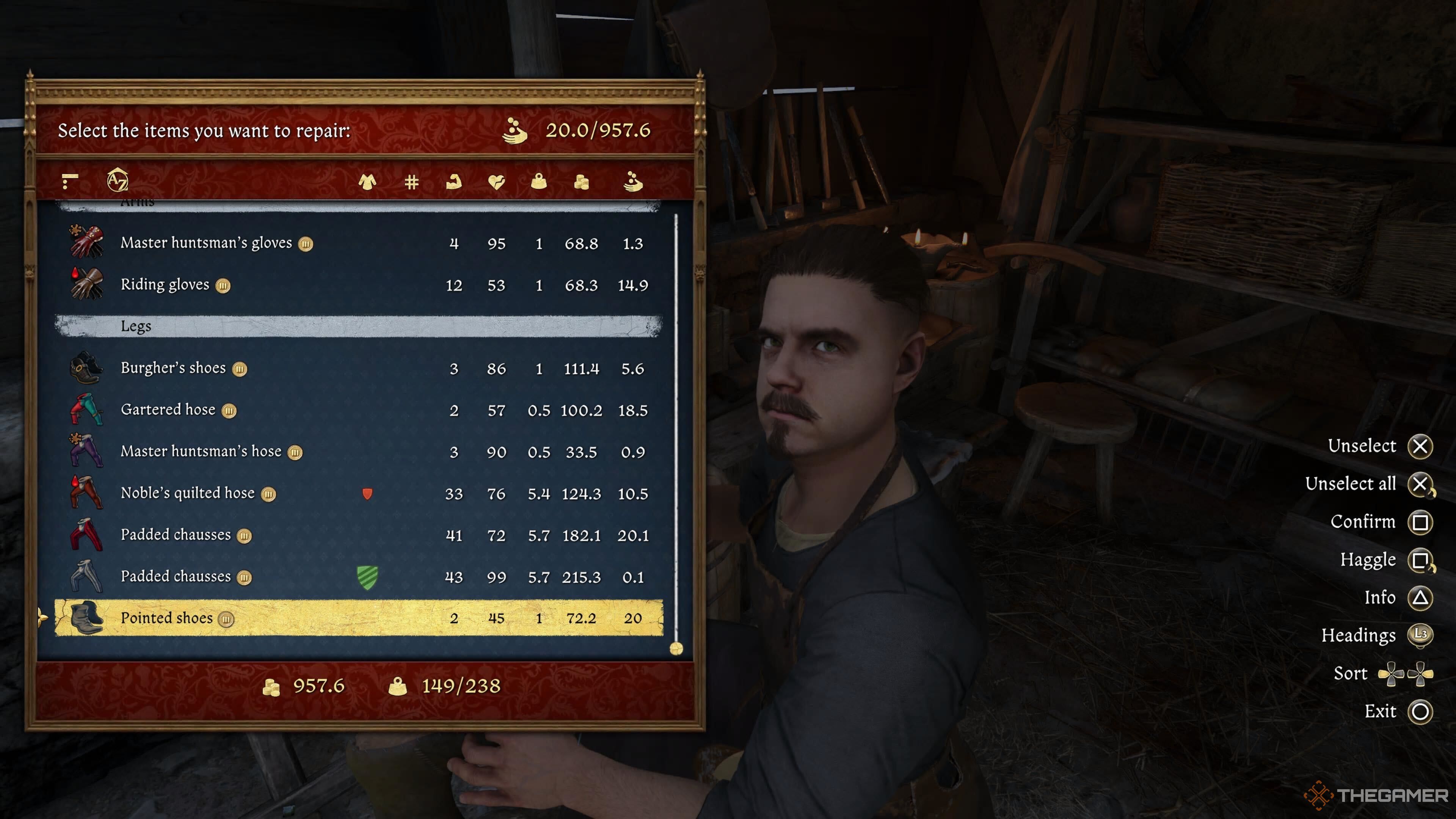 The repairing shoes menu in Kingdom Come: Deliverance 2.