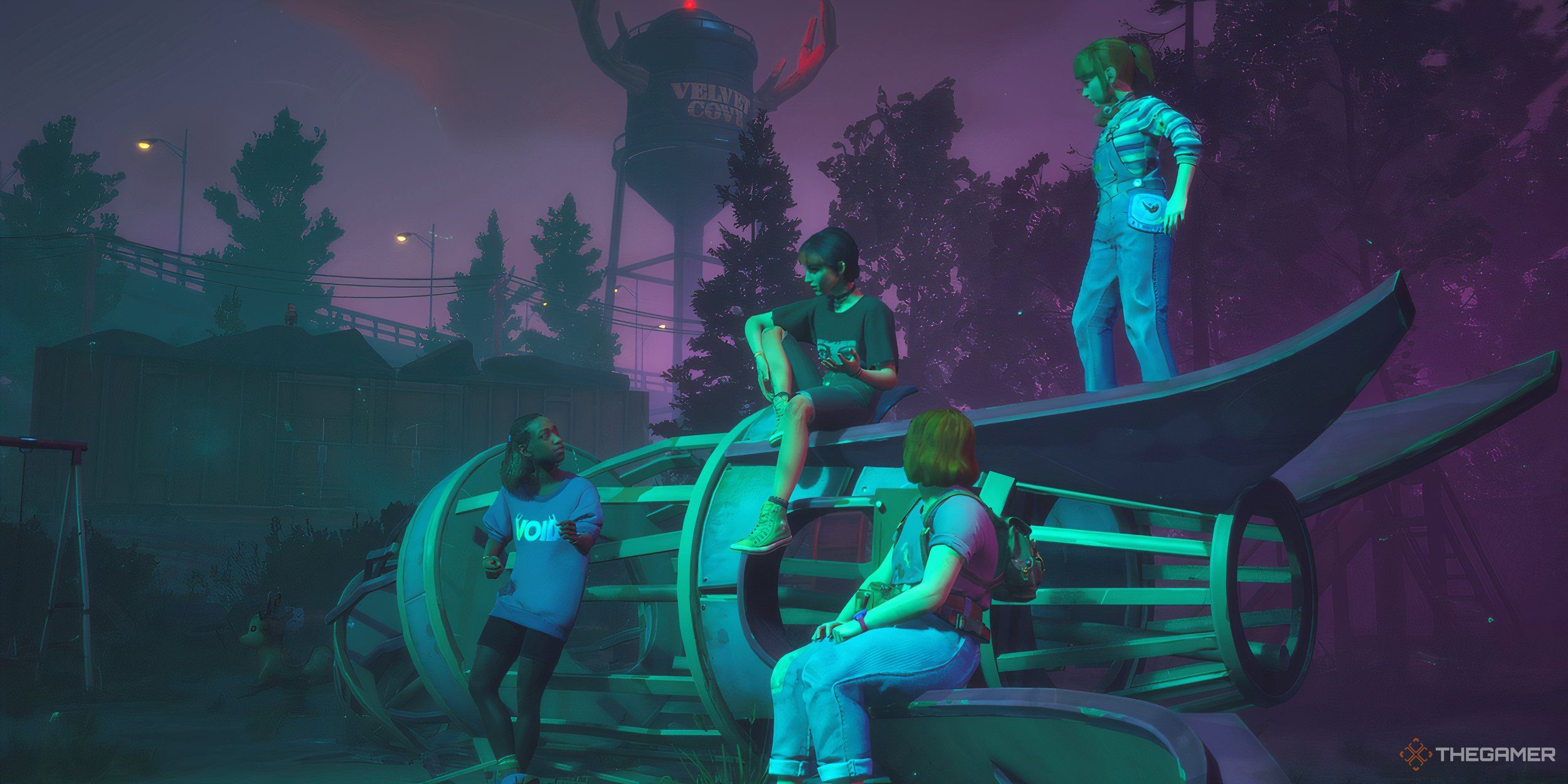 Swann, Nora, Kat, and Autumn on the fallen rocket in the forgotten playground.