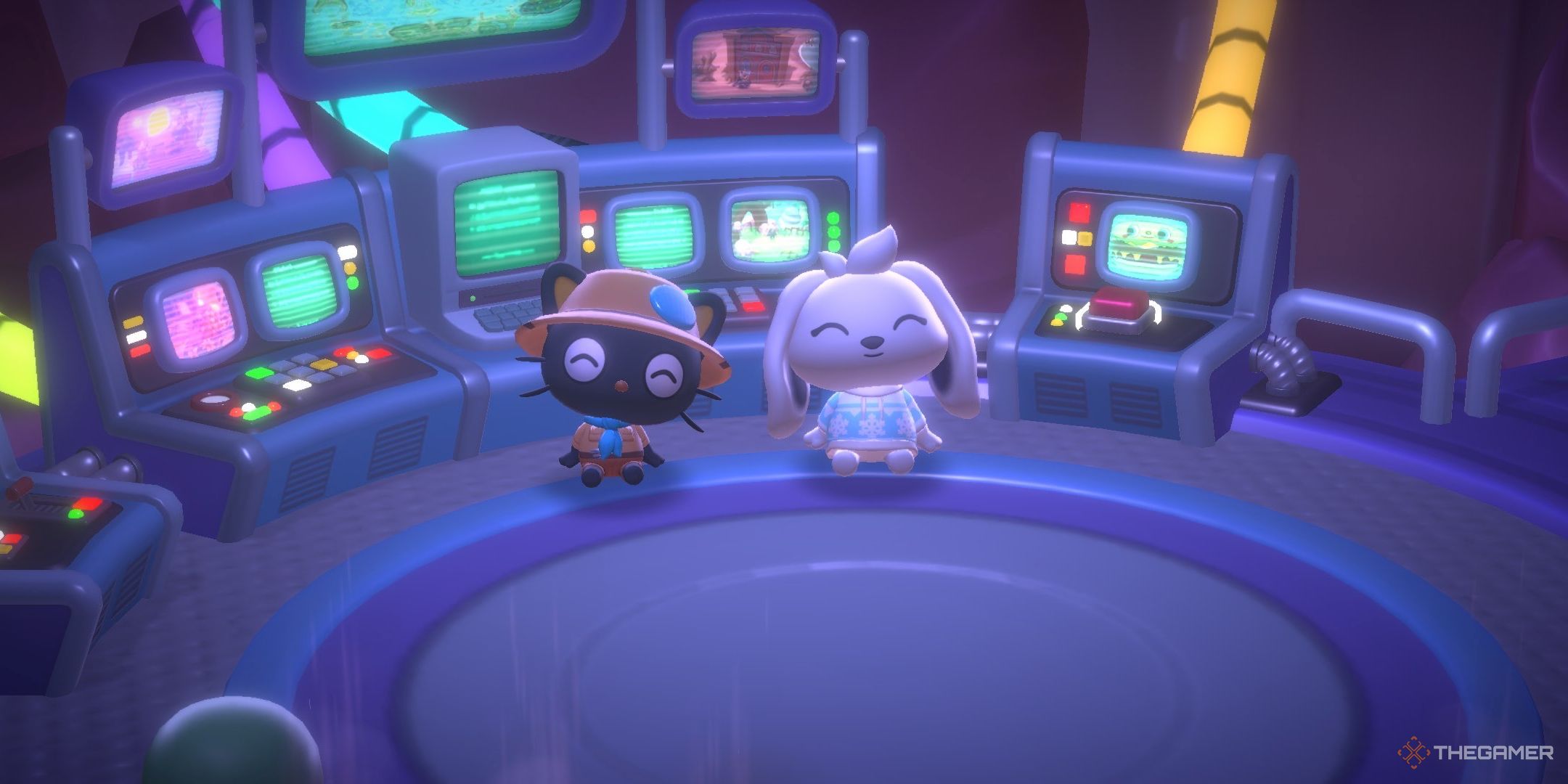 Chococat and the player posing in a control room in Hello Kitty Island Adventure.