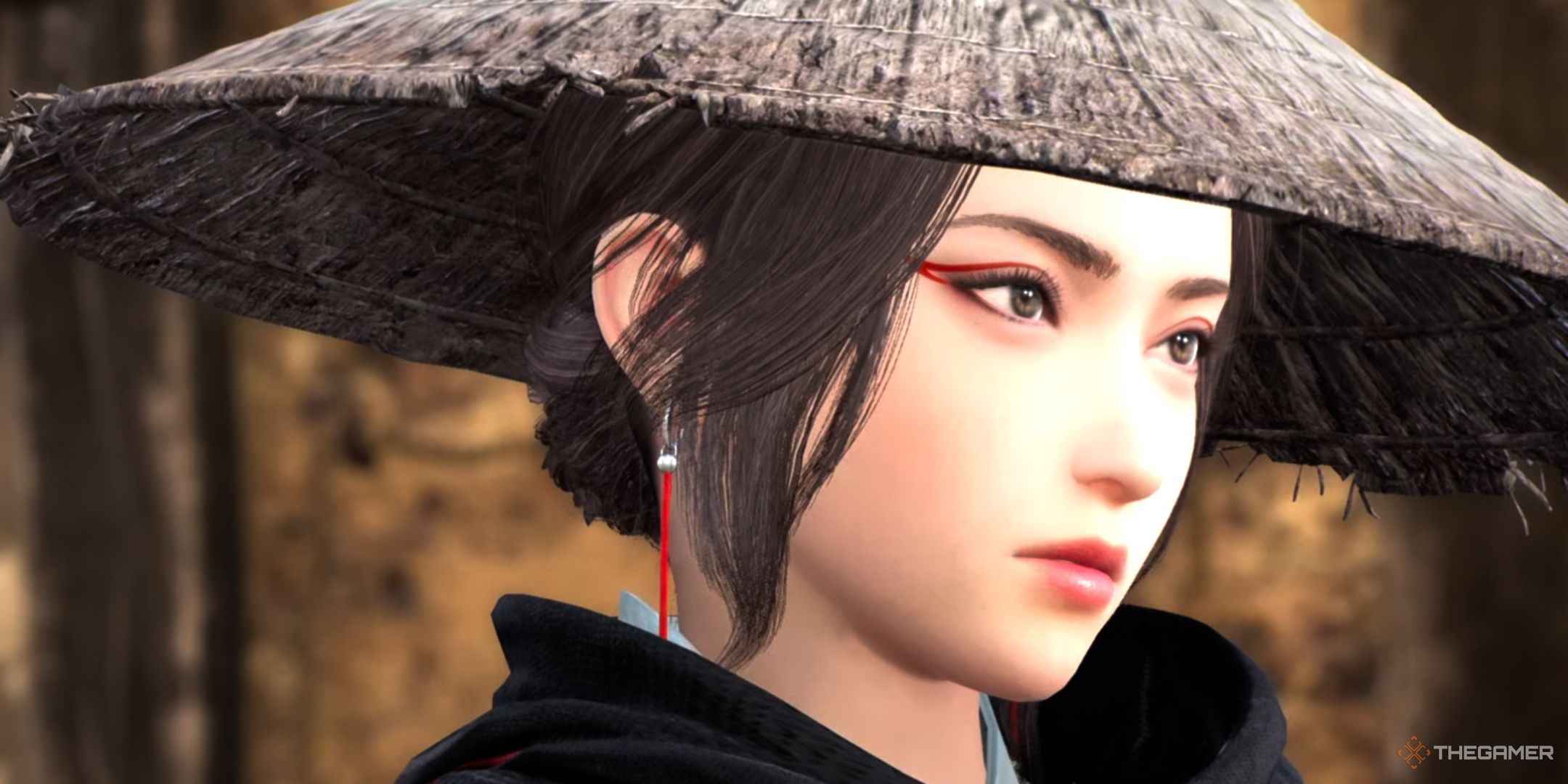 a closeup of Zhuhe in a straw hat in Dynasty Warriors: Origins.