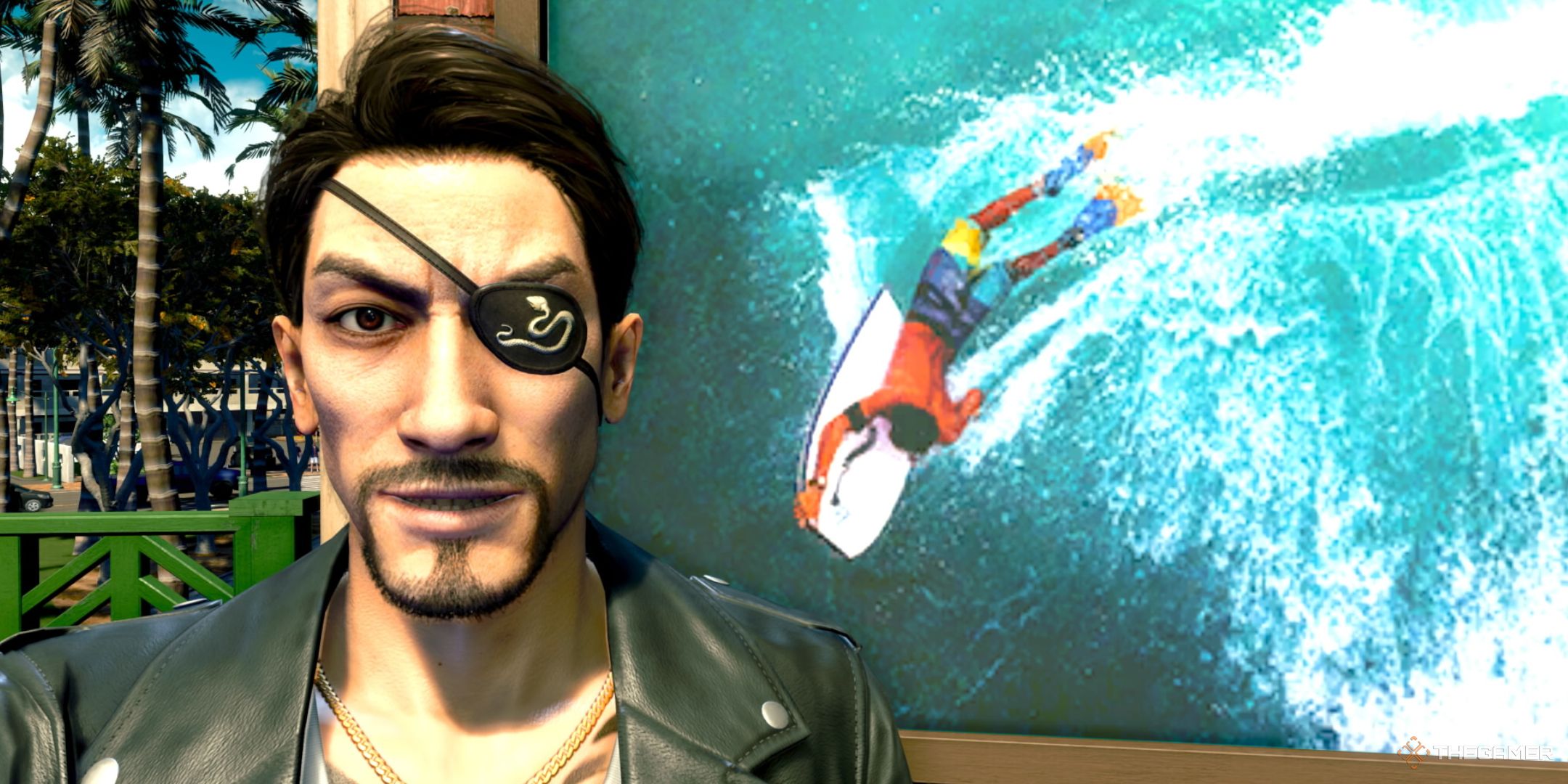 Like A Dragon Pirate Yakuza in Hawaii. Majima posing in front of the picture of the surfer.