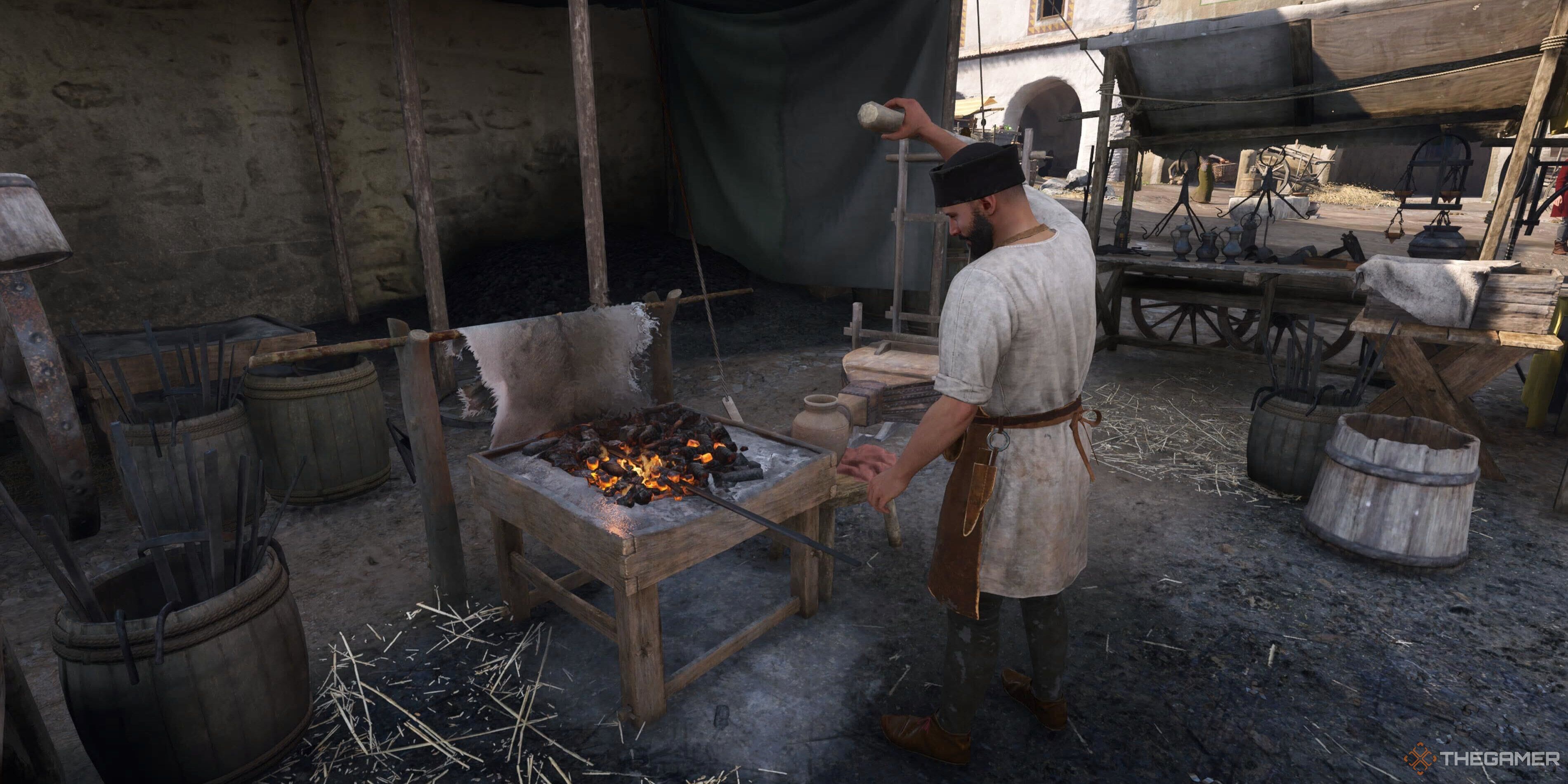 A blacksmith making a sword in Kingdom Come: Deliverance 2.