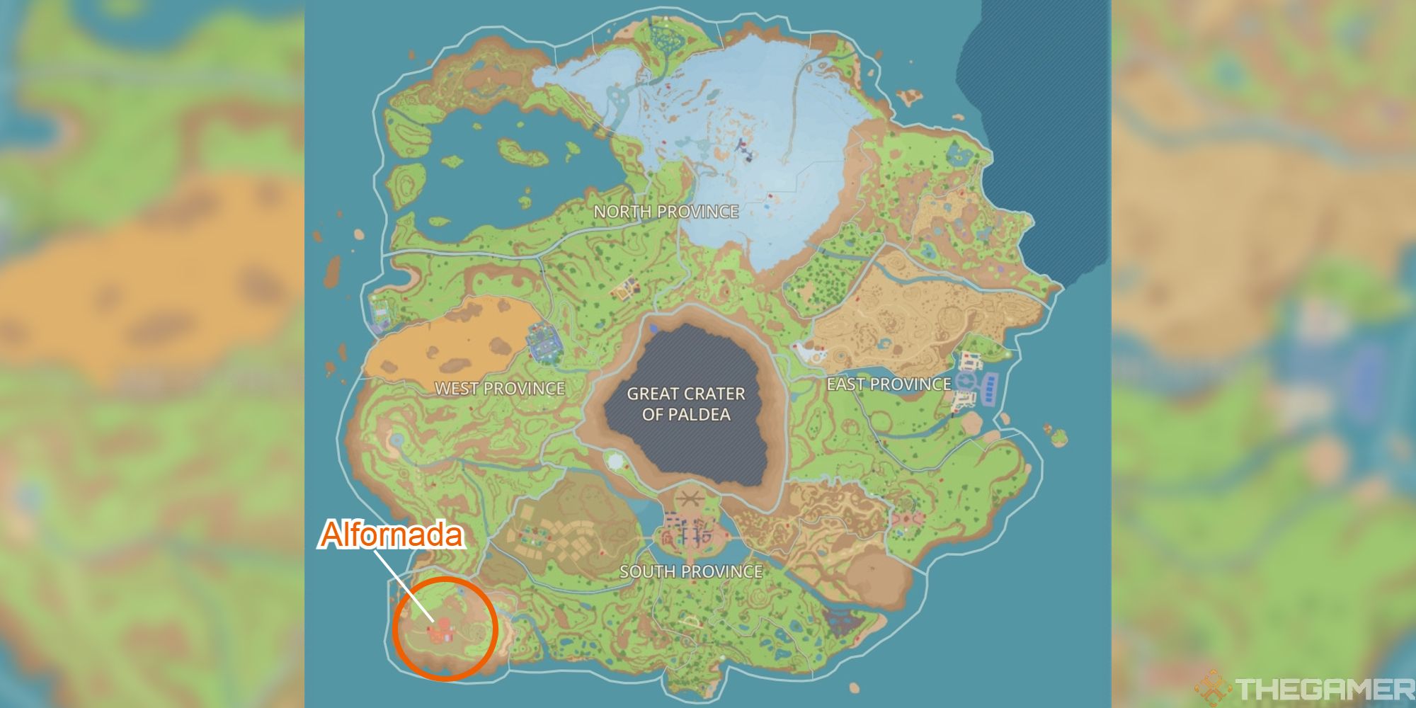 Paldea map with sinistea location circled in south area 6 in Pokemon Scarlet & Violet.