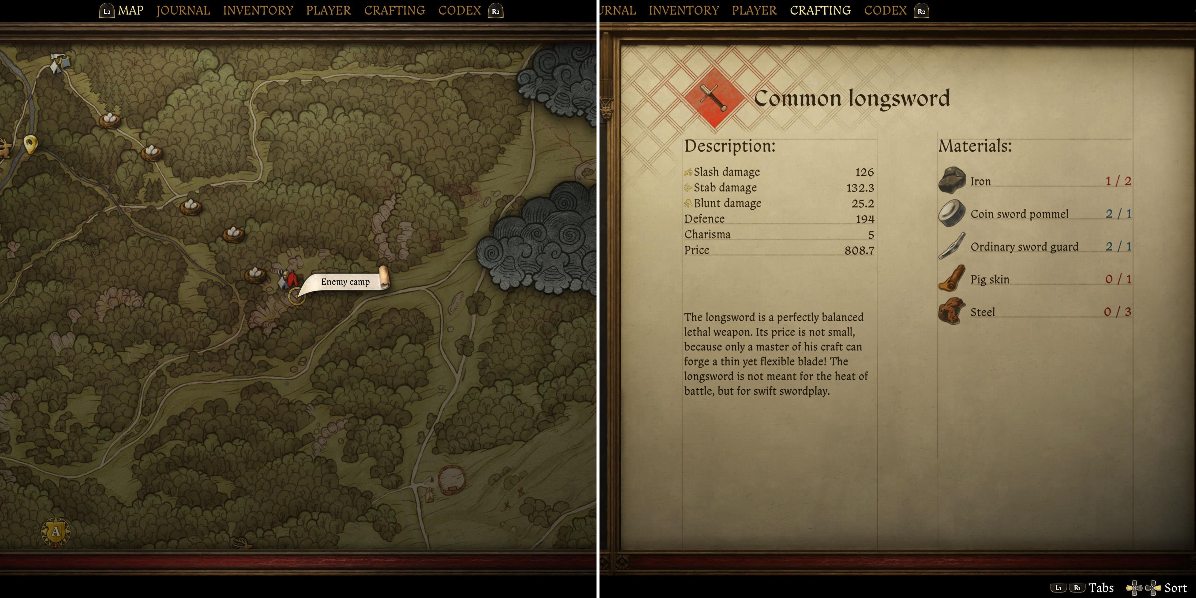 An Enemy Camp On The Map & The Common Longsword In The Recipe Menu 