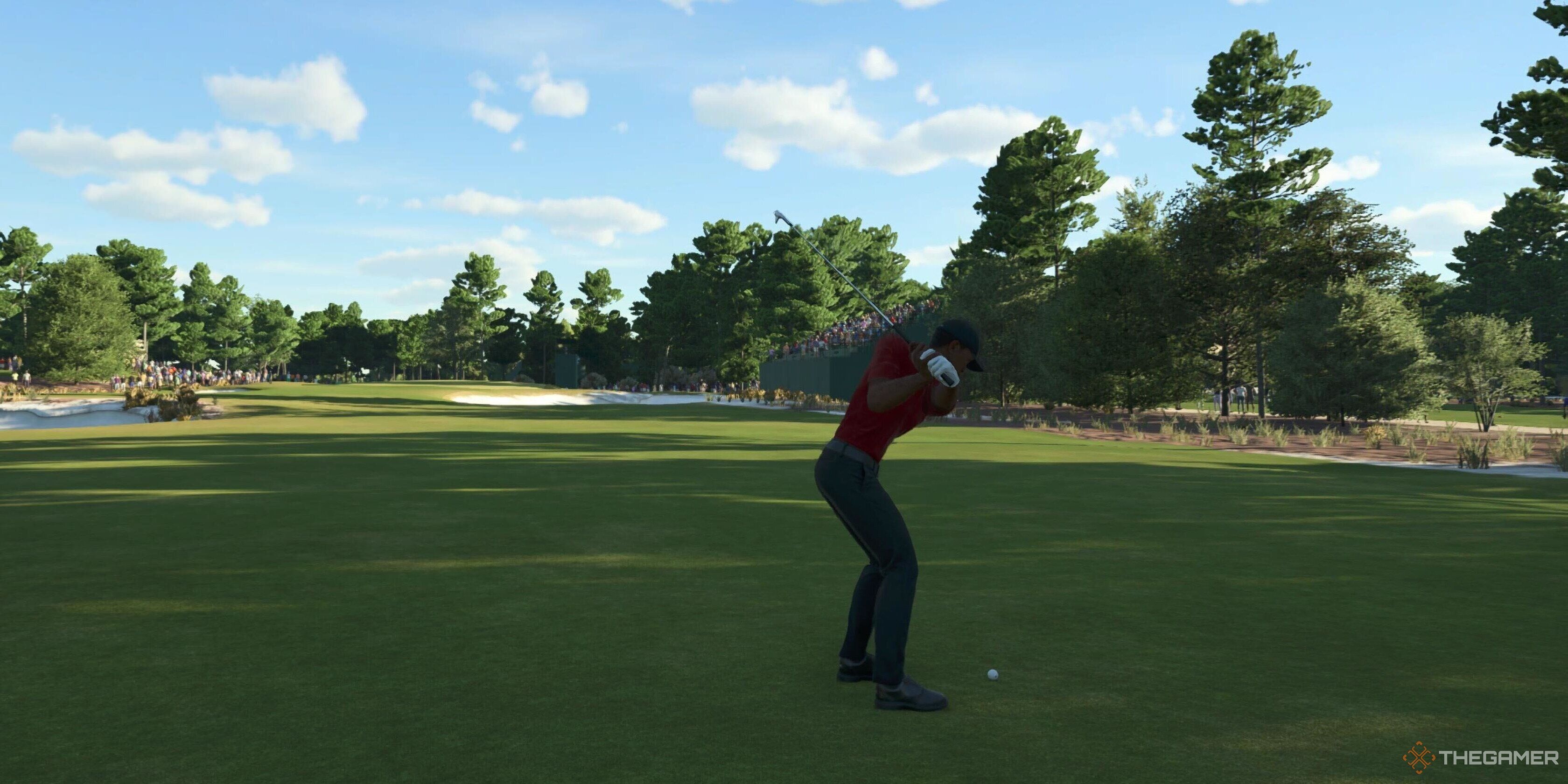 Tiger Woods mid-swing in PGA Tour 2K25.