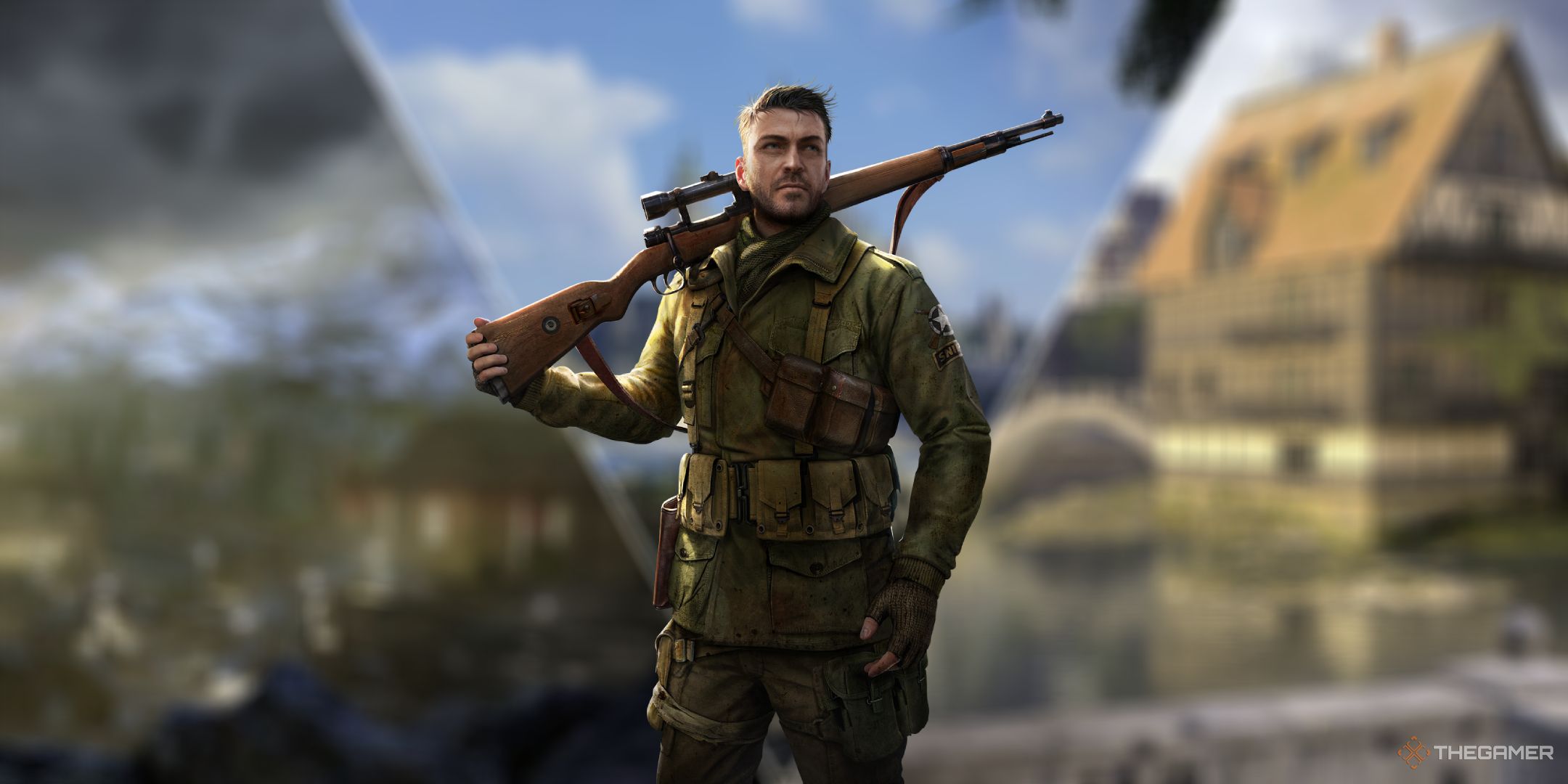 An image of Karl Fairburne standing in front of a collage of blurred out locations from the Sniper Elite series.