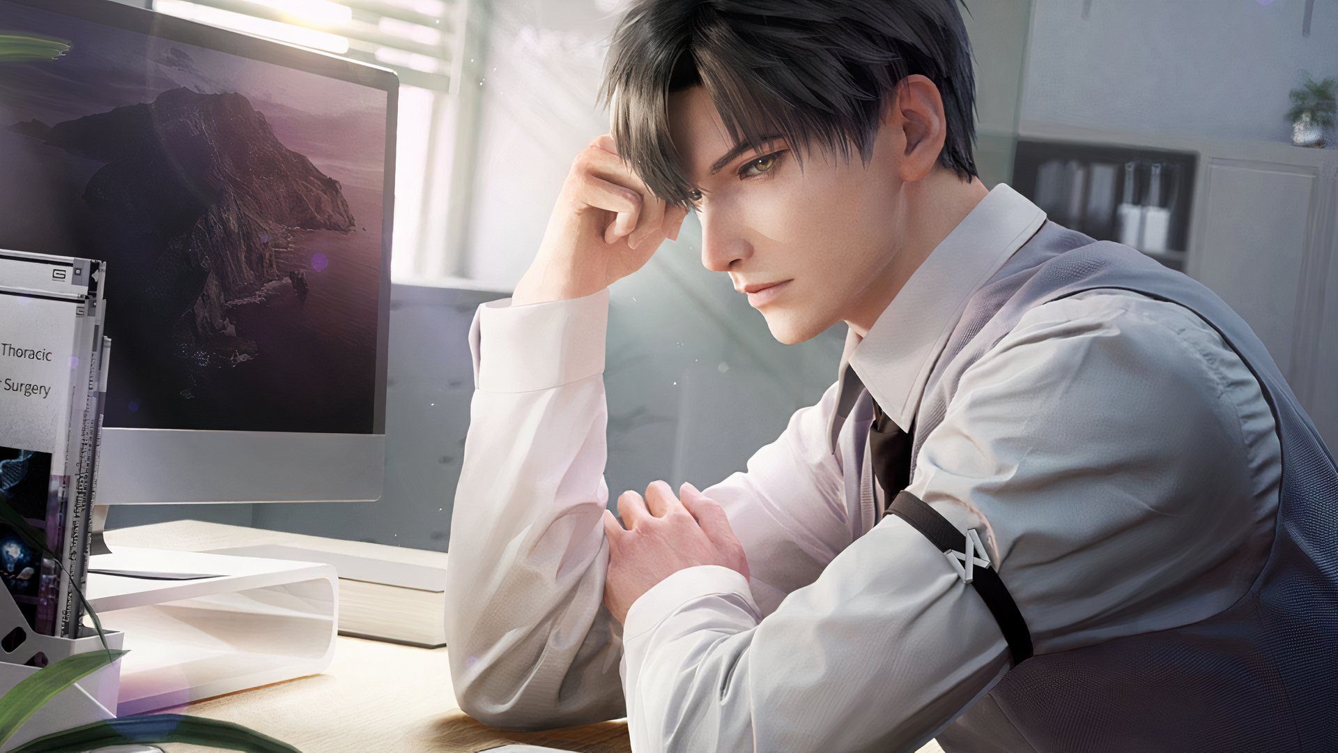 Love And Deepspace: An image of Zayne at his desk in Akso Hospital.