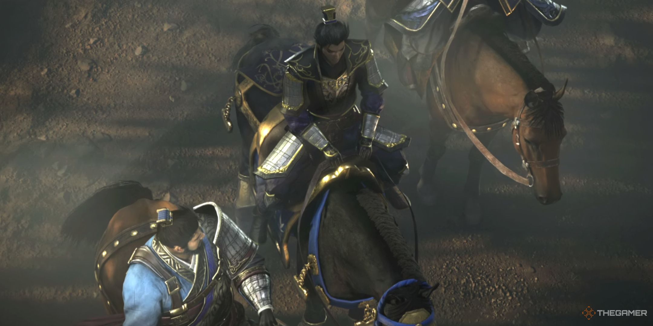 Cao Cao, Xiahou Yuan, and Xiahou Dun on horseback in Dynasty Warriors: Origins.