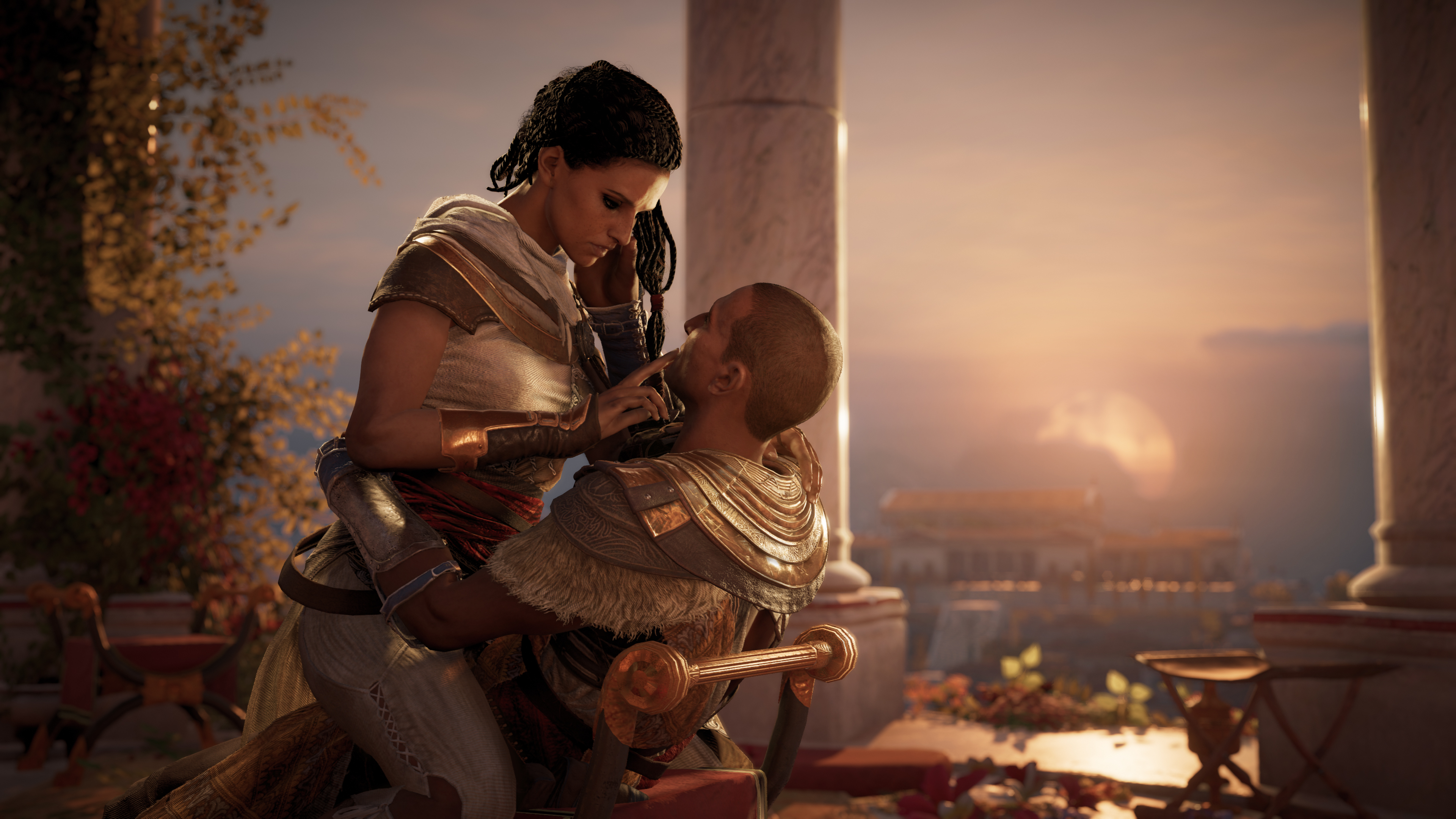 Assassin's Creed Origins screenshot of Bayek and Aya embracing