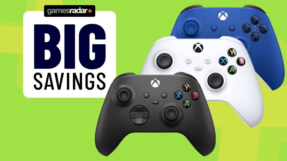 Image of three colors of the Xbox Core Wireless controller on a green GamesRadar background.