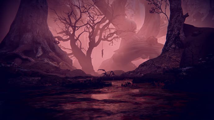 Elden Ring Nightreign trailer screenshot showing red-hued poisonous swamp with gnarly trees