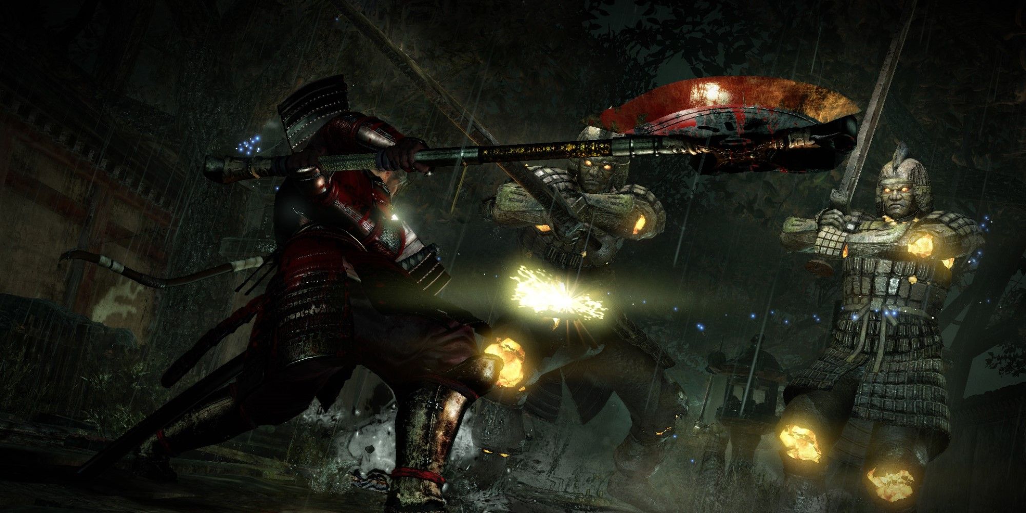 The player wielding an axe against two yokai sentries