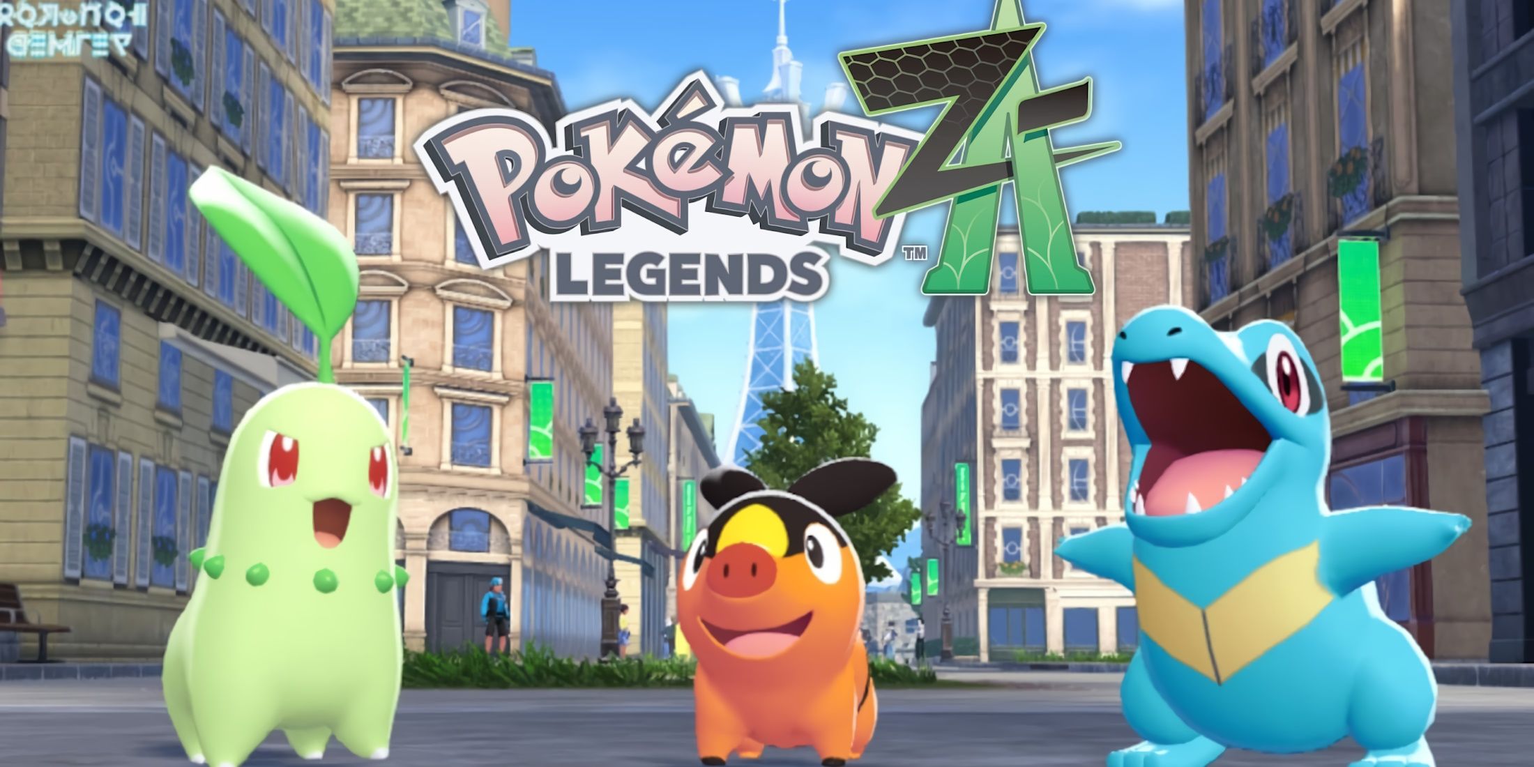 A promotional visual for Pokemon Legends: Z-A showing Chikorita, Tepig, and Totodile.