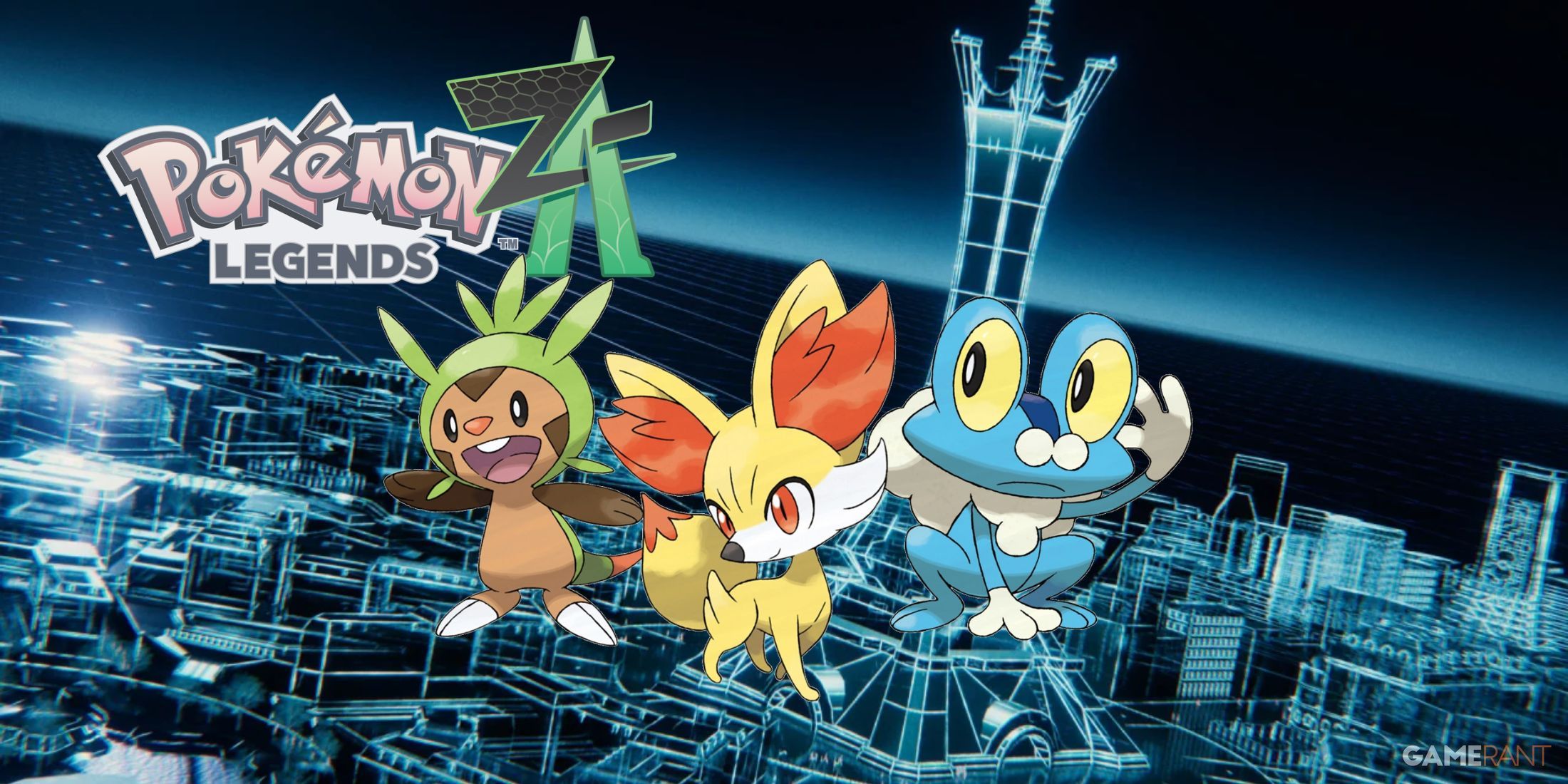 Pokemon Legends Z-A logo Lumiose City background Chespin Fennekin Froakie Kalos Starter trio