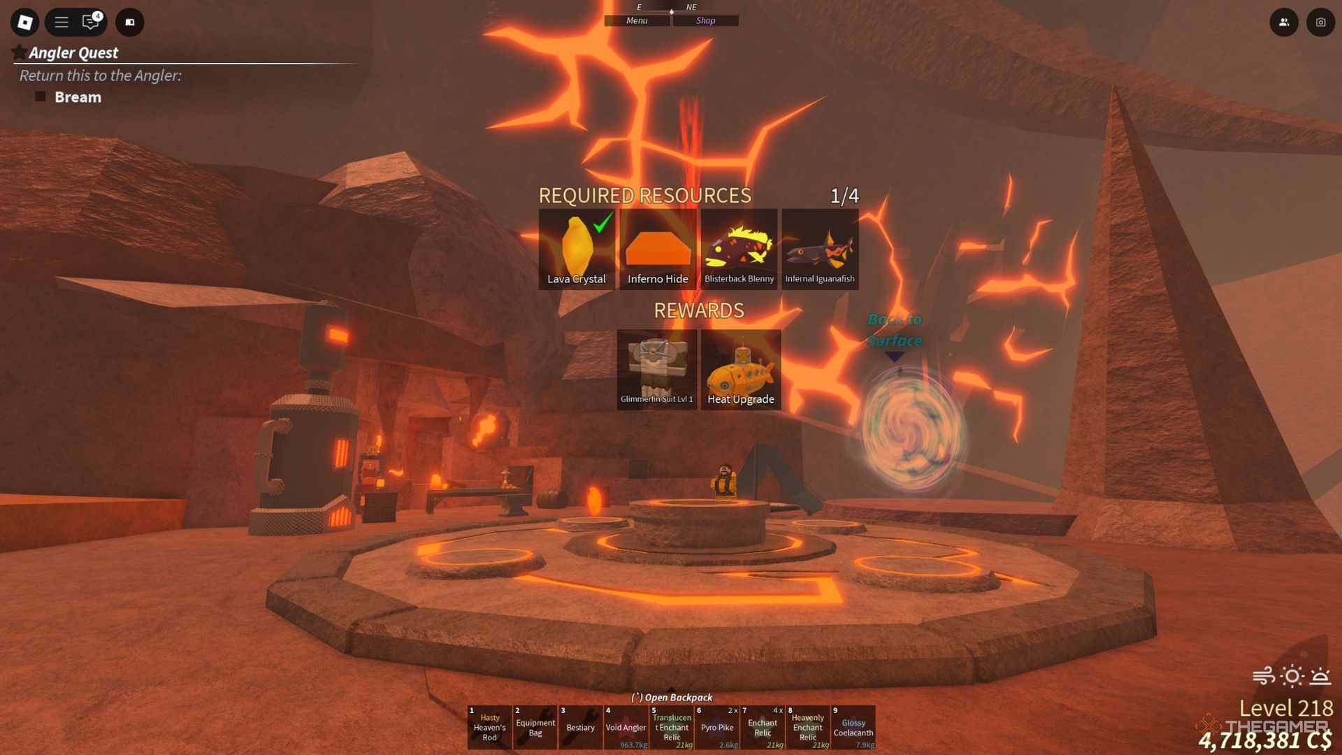 The player character shows the Volcanic Vents quest in Fisch.