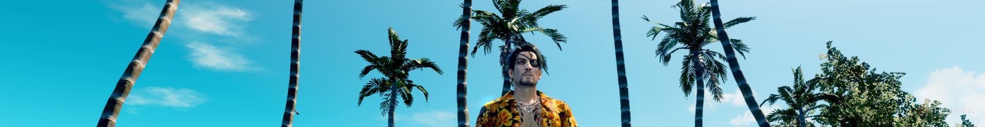 A banner of Majima near some palm trees in Like a Dragon Pirate Yakuza in Hawaii. 