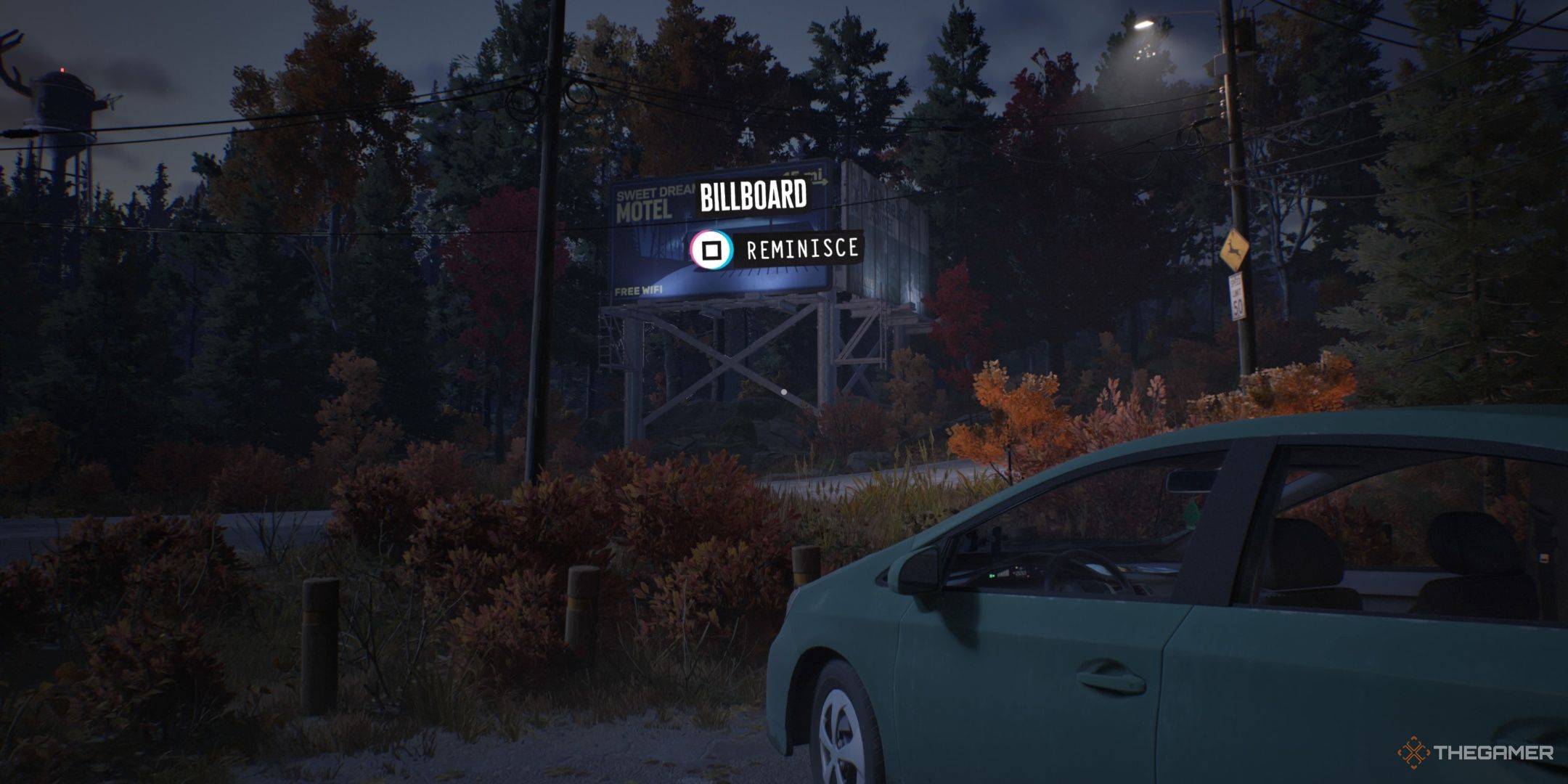 A billboard with the option to reminisce stands across the road from Swann's car in Lost Records Bloom & Rage.