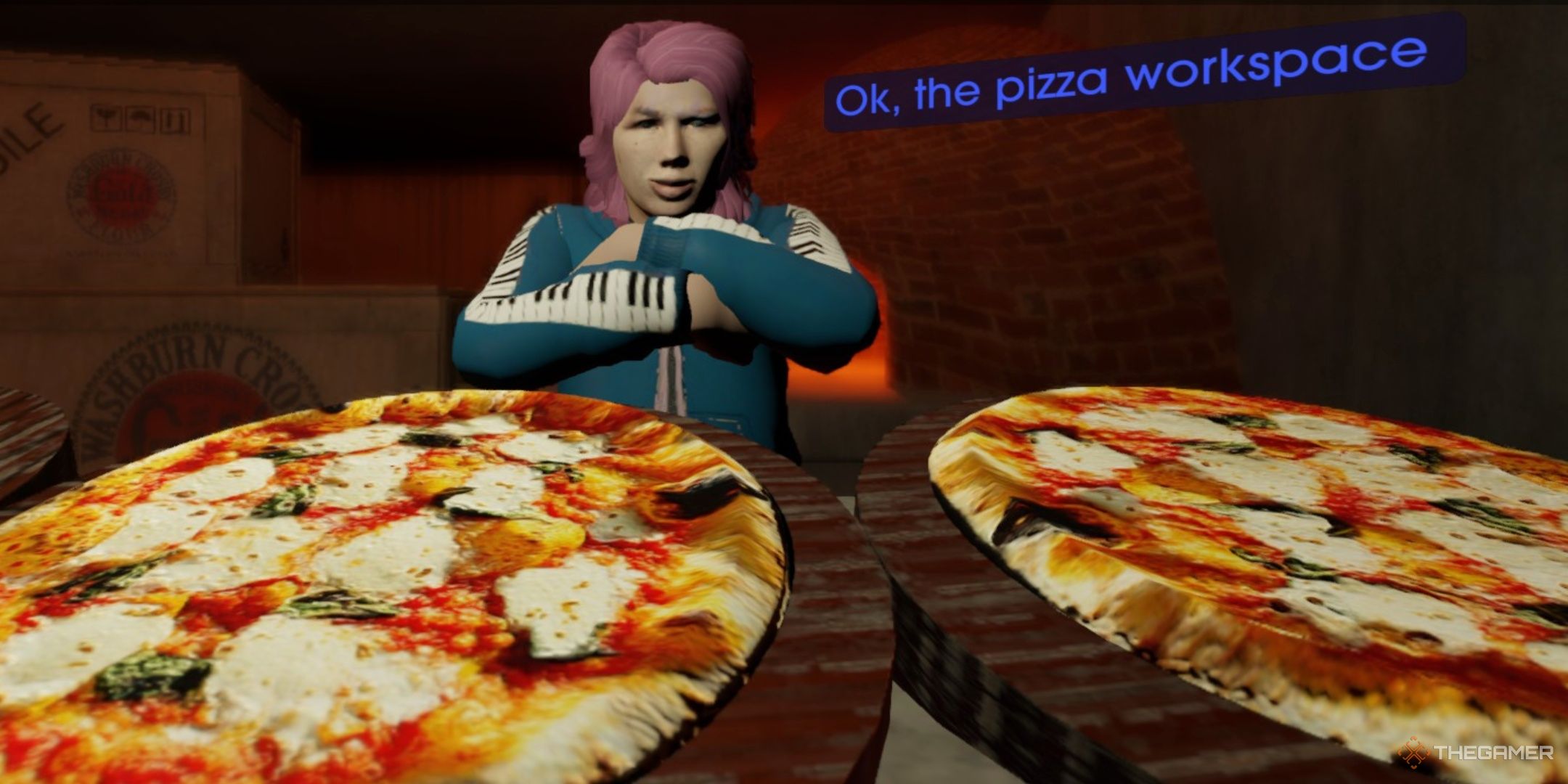 A character saying Ok the pizza workspace with two pizzas in front of them in Moves of the Diamond Hand