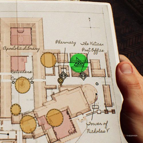 A green circle shows the photo location of Facade Painting in Indiana Jones And The Great Circle