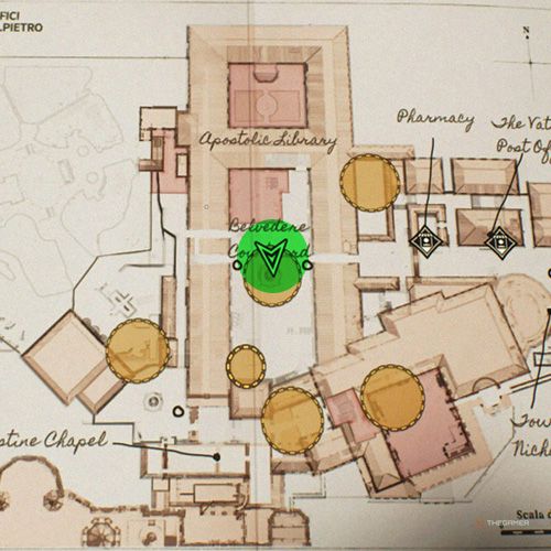 A green circle shows the photo location of the first Strange Inscription in Indiana Jones And The Great Circle