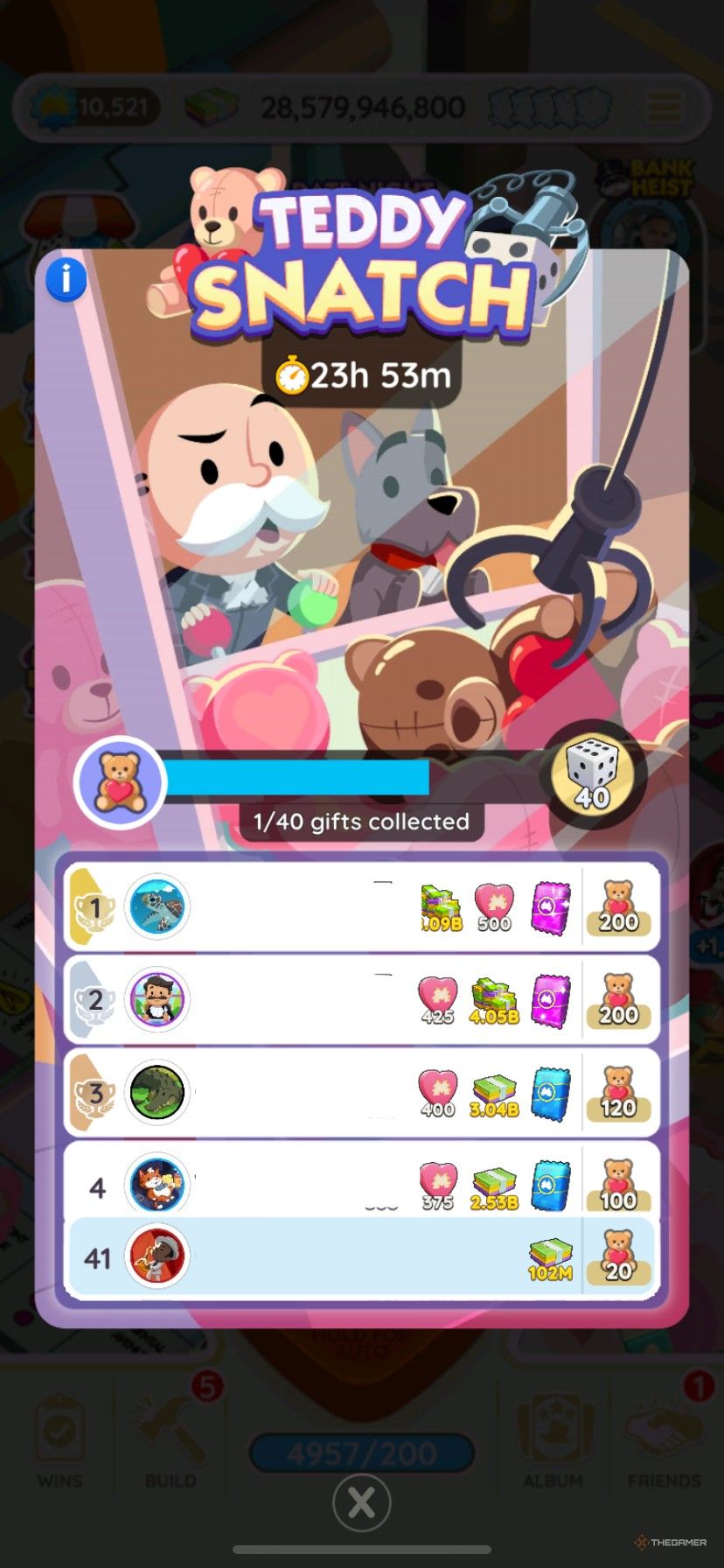 A leaderboard during Teddy Snatch in Monopoly Go.