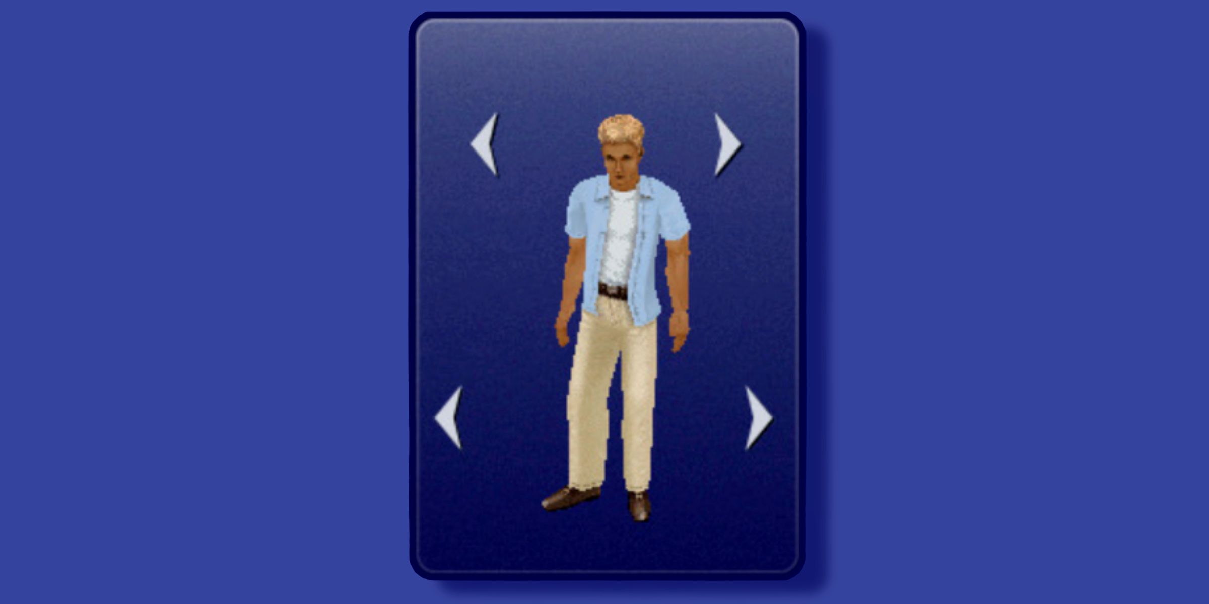 A Male Sim Wearing A Baby Blue Overshirt, A White T-shirt, And Cream Pants In The Sims 1 Legacy Collection.