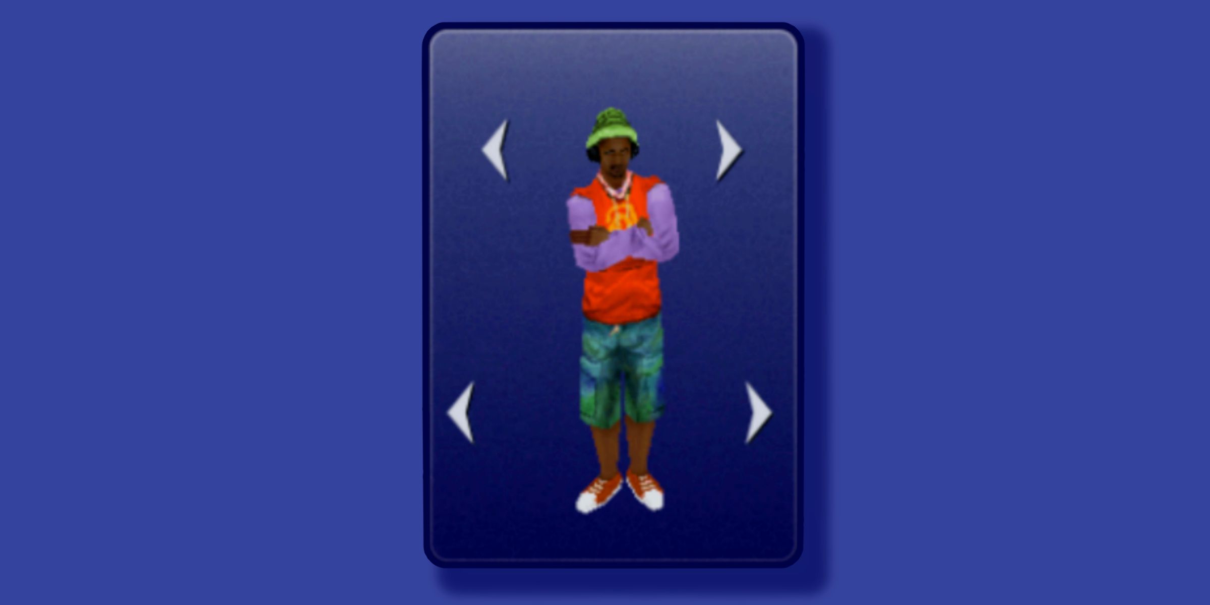 A Male Sim Wearing A Colorful Outfit Composed Of A Green Bucket Hat, A Red And Purple Hoodie, And Some Green Shorts In The Sims 1 Legacy Collection.