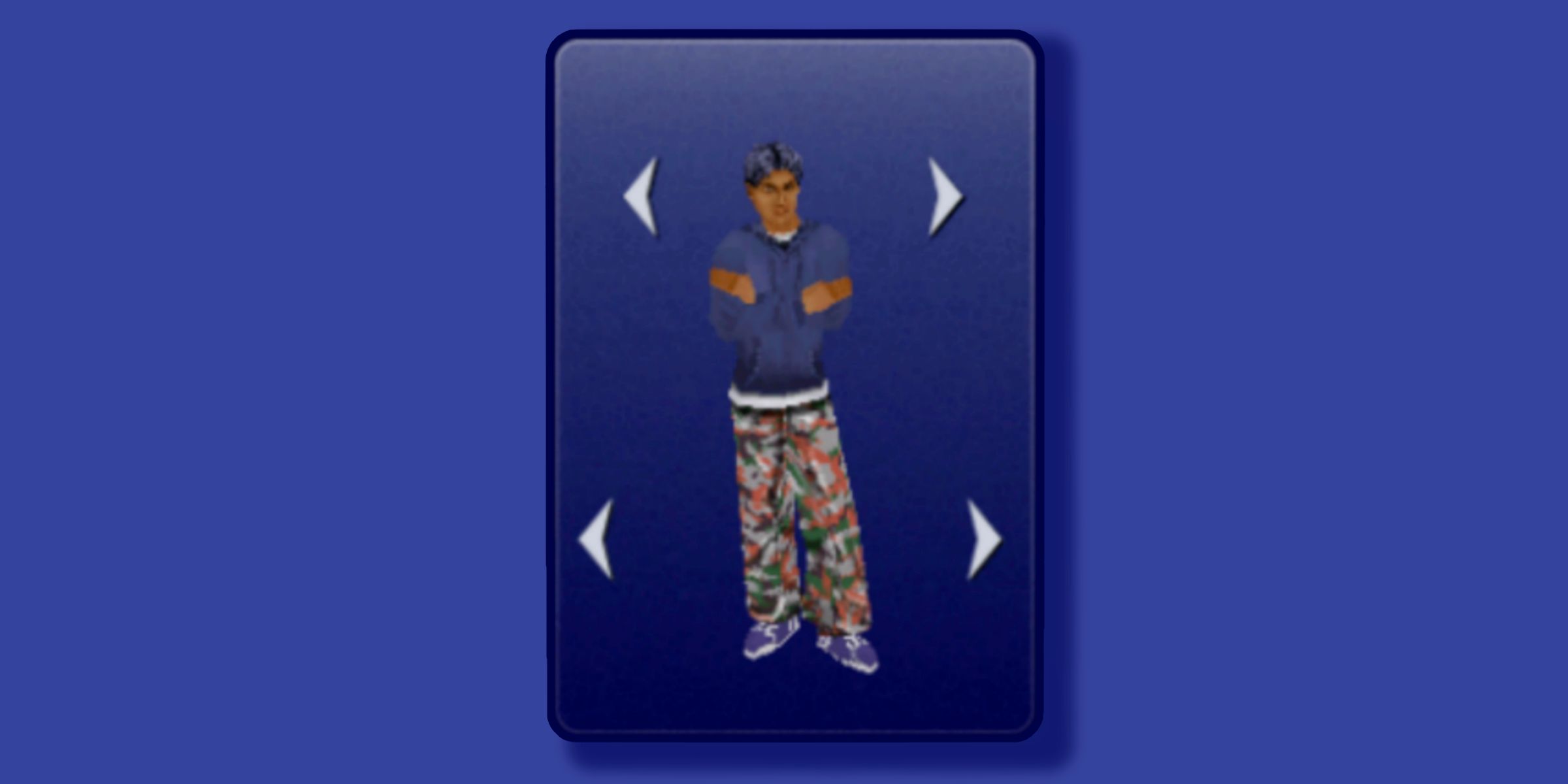 A Male Sim Wearing A Oversized Navy Hoodie And Baggy Camo Pants In The Sims 1 Legacy Collection.