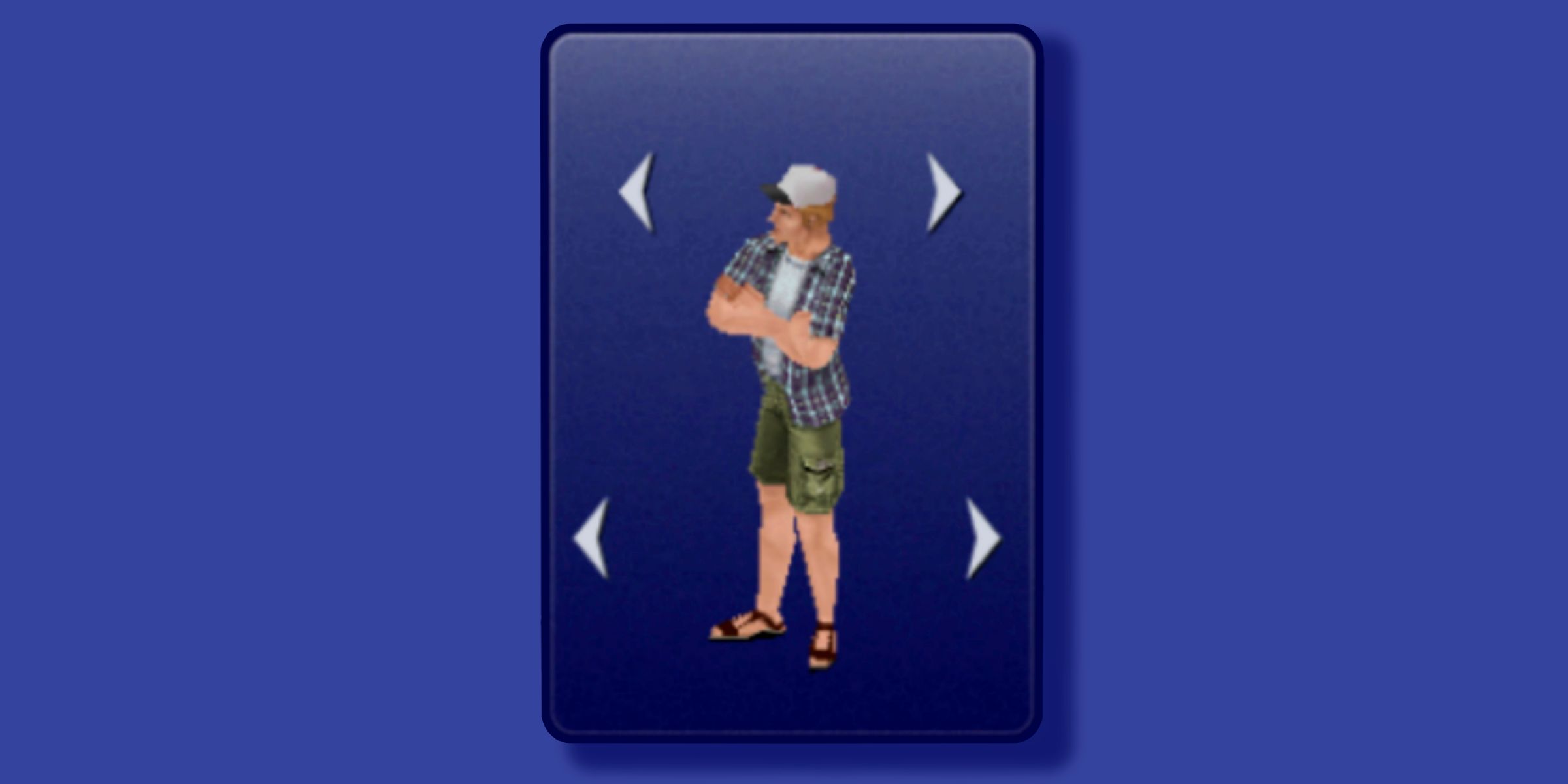 A Male Sim Wearing A White Hat, A Checkered Overshirt, And Green Shorts In The Sims 1 Legacy Collection.