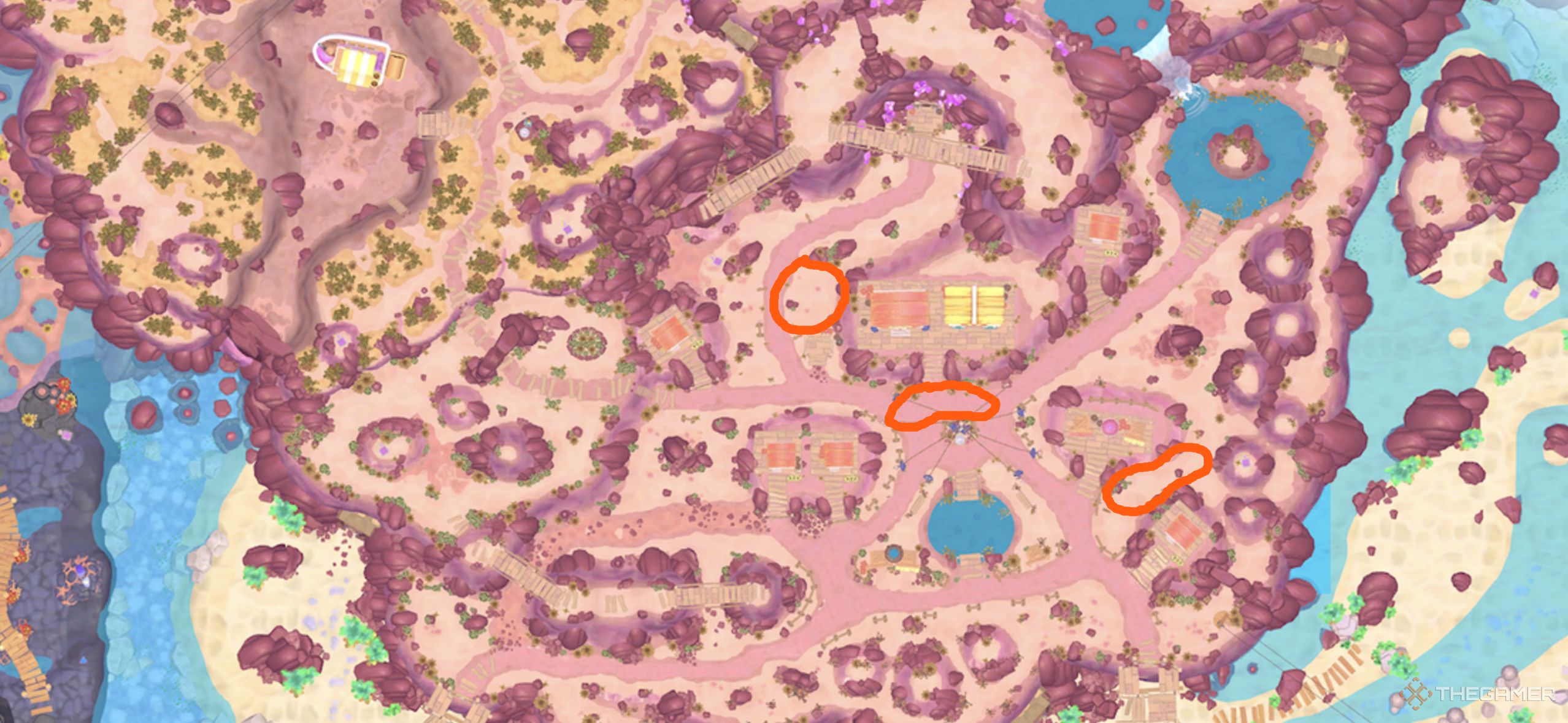 A map of Gemstone Town with Rockadoodler locations marked in Hello Kitty Island Adventure.