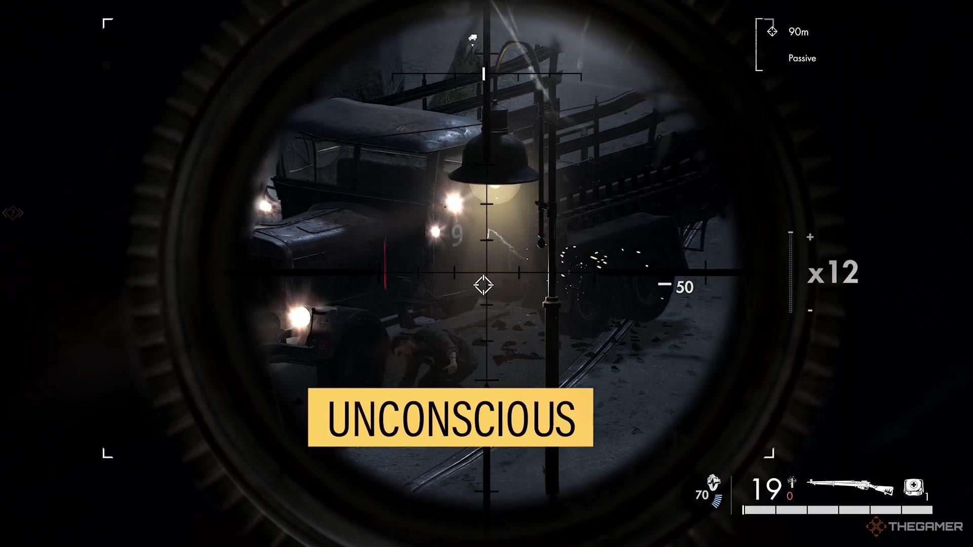 A Nazi falls unconscious after being shot in the face with a non-lethal bullet in Sniper Elite Resistance.