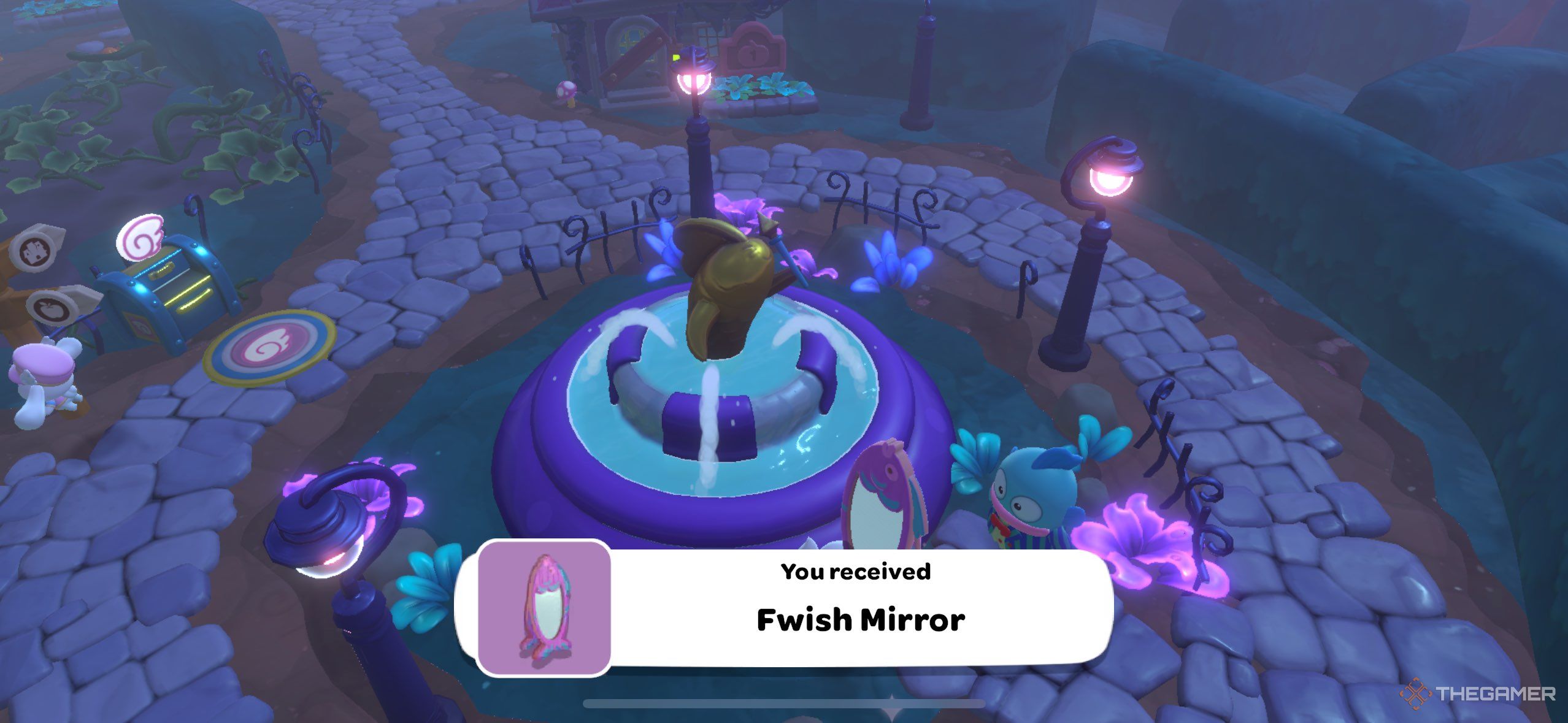 A player getting the fwish mirror from the fwishing well in Hello Kitty Island Adventure.