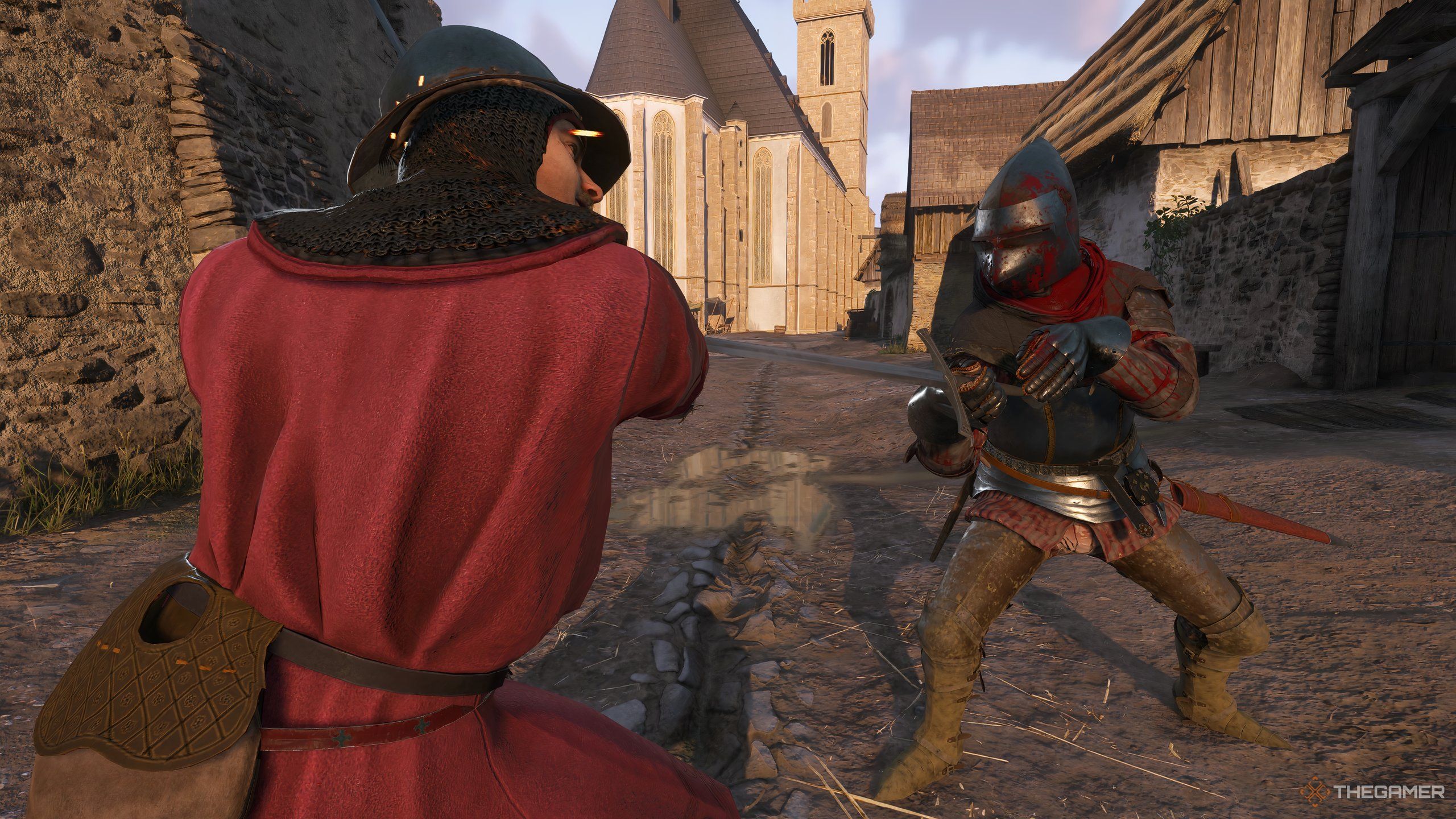 A player in full plate armor attacking a guard in kingdom come deliverance 2.