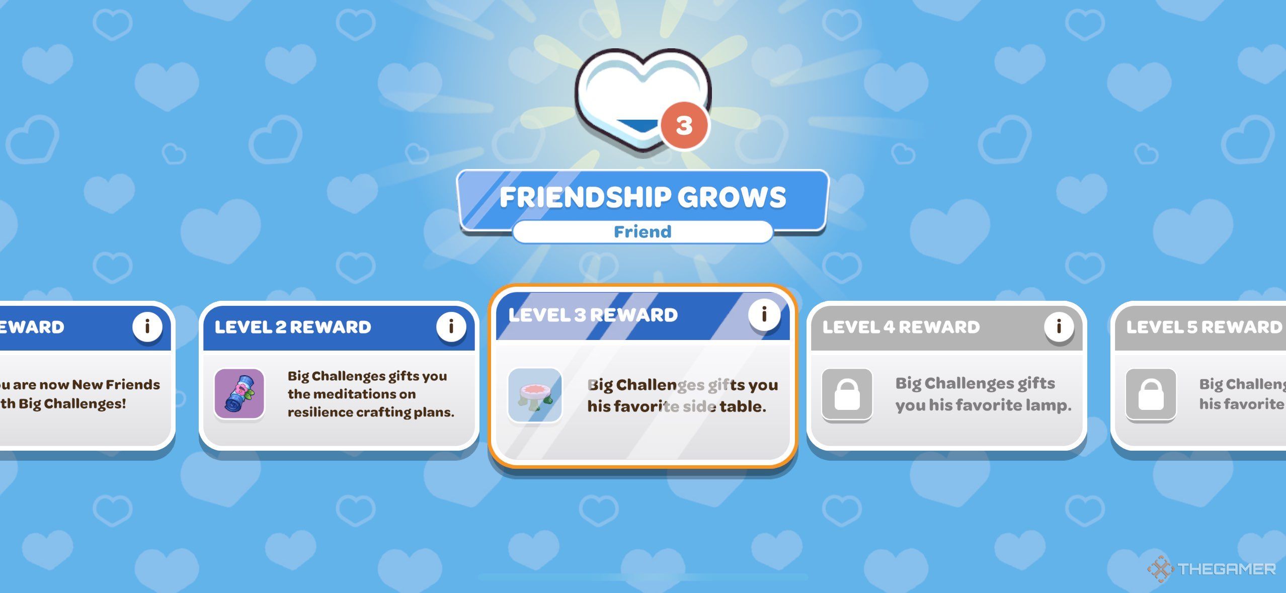 A player looking at the friendship rewards for Big Challenges in Hello Kitty Island Adventure.