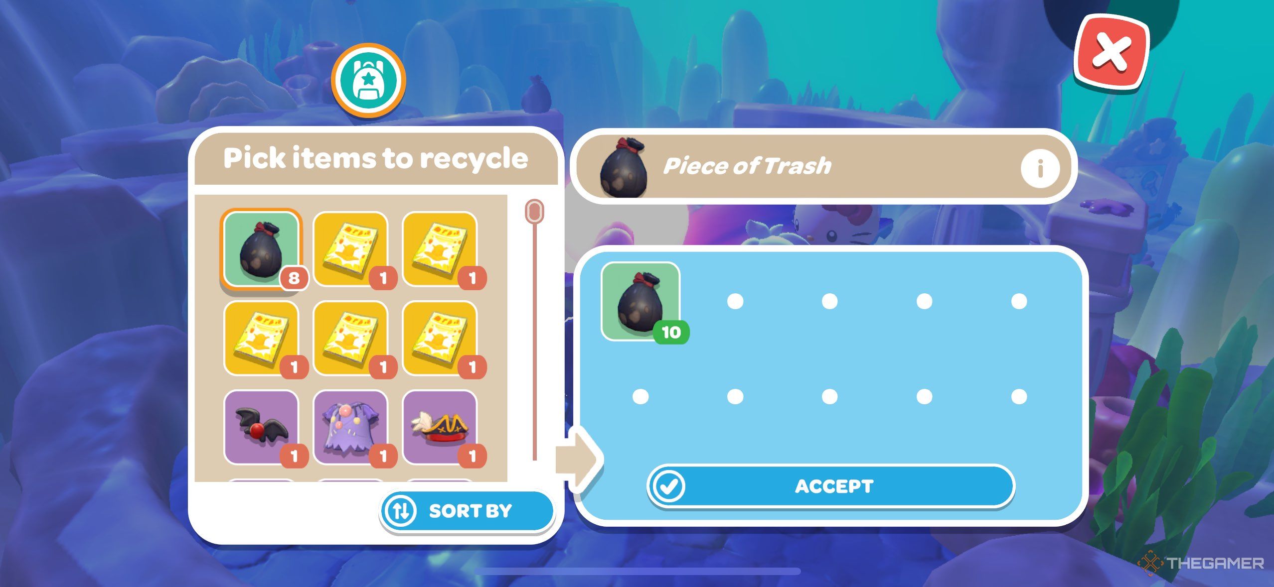 A player recycling trash in Hello Kitty Island Adventure.-1